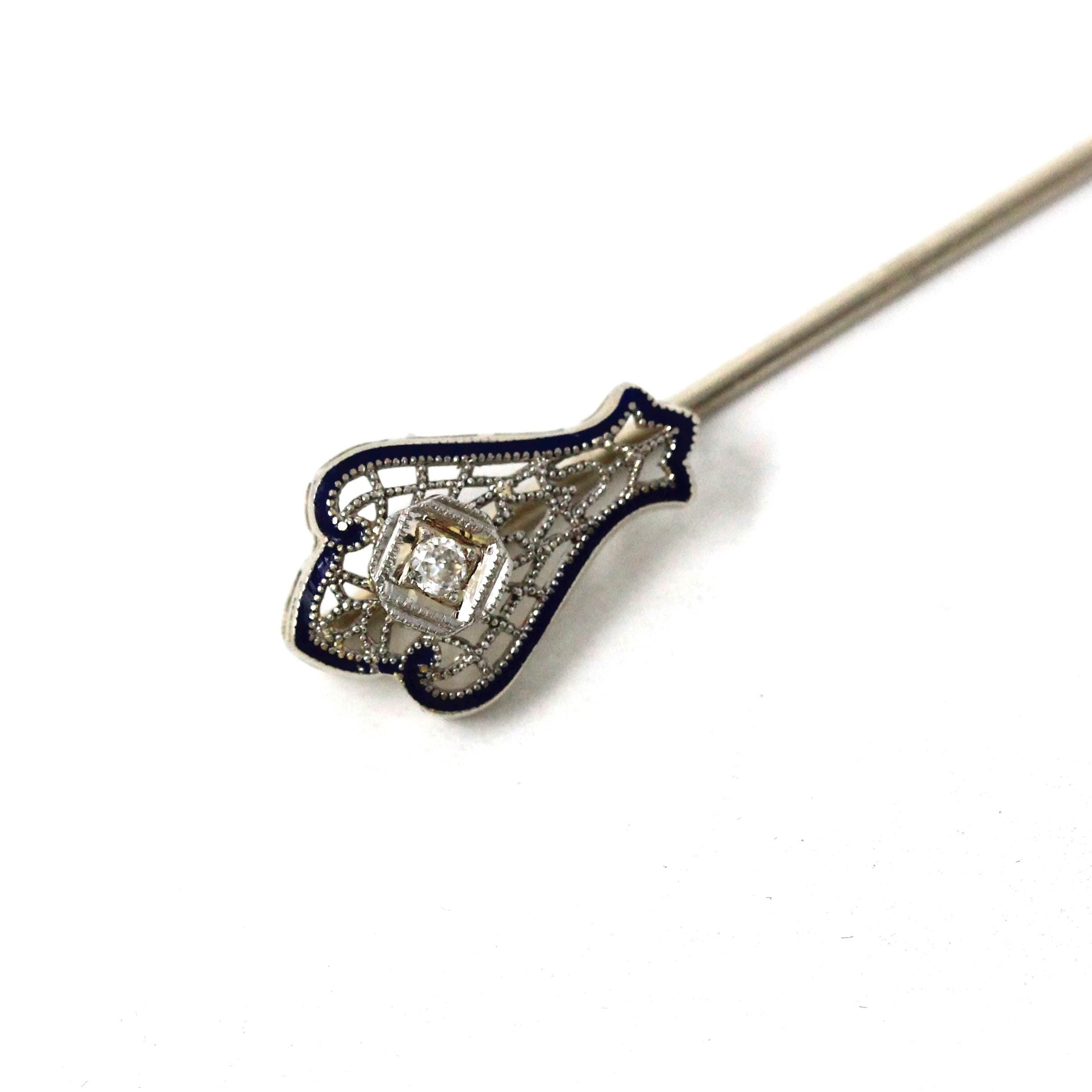 Vintage Filigree Pin - Art Deco 14k White Gold Natural Diamond Gemstone - Circa 1930s Era Fashion Accessory Dark Blue Enamel Fine Jewelry