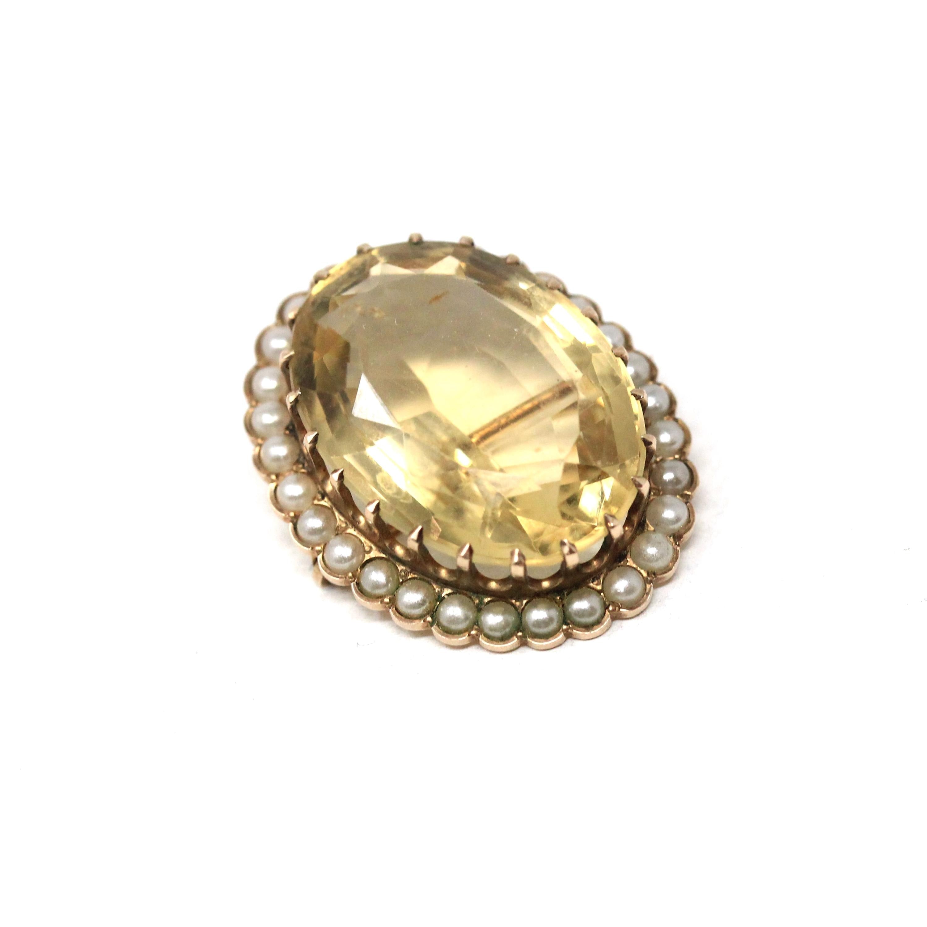Antique Citrine Brooch - Edwardian 10k Yellow Gold Natural Yellow Quartz Gemstone Simulated Pearls Halo Pin - Vintage 1910s Era Fine Jewelry