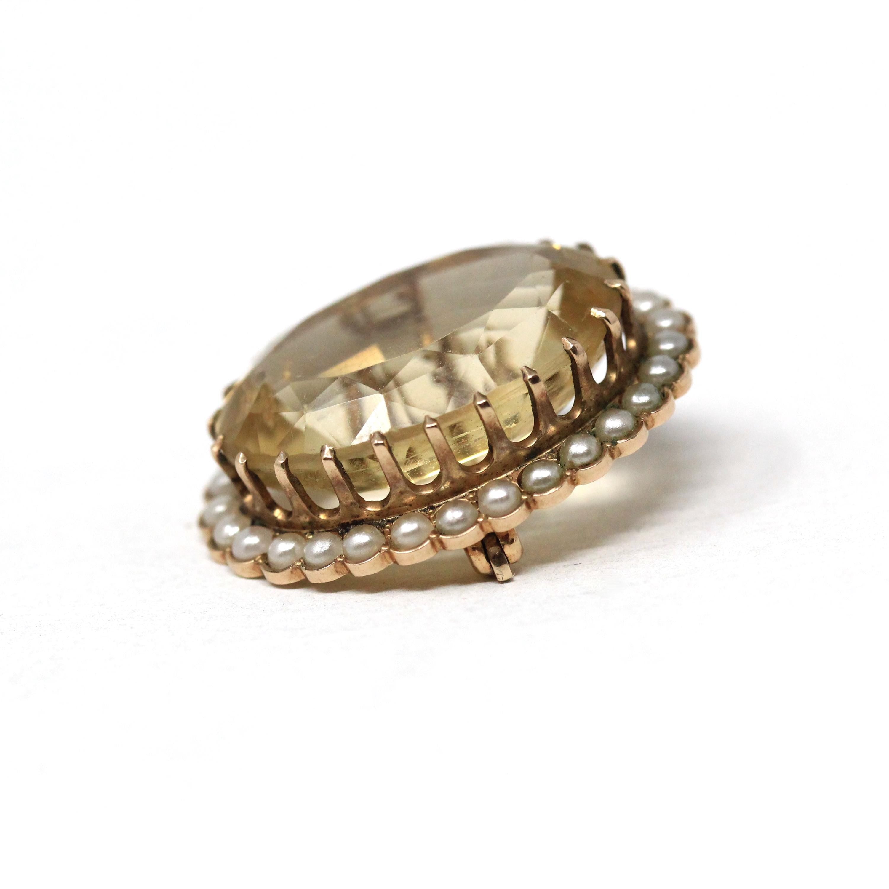 Antique Citrine Brooch - Edwardian 10k Yellow Gold Natural Yellow Quartz Gemstone Simulated Pearls Halo Pin - Vintage 1910s Era Fine Jewelry