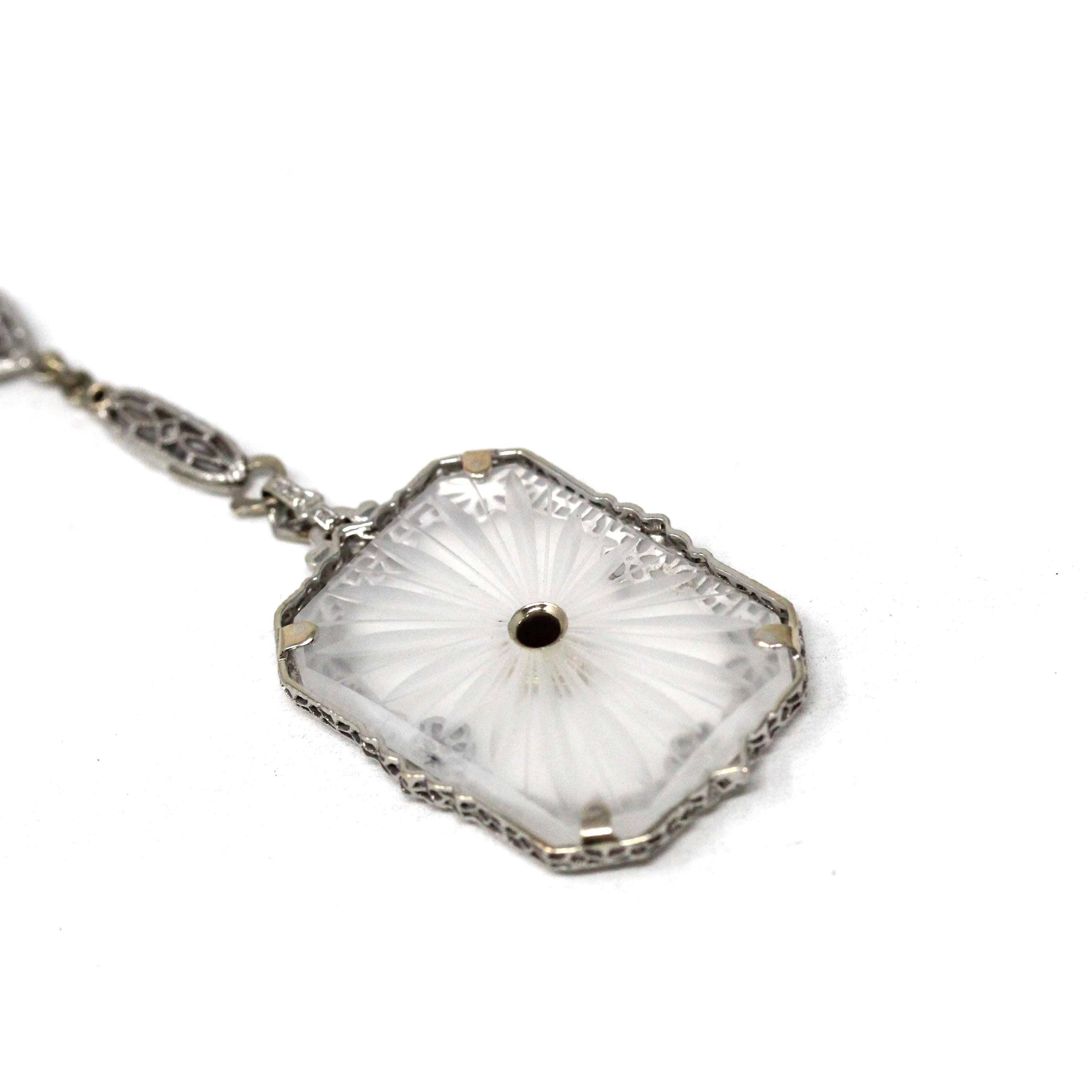 Rock Crystal Quartz Necklace - Art Deco 14k White Gold Natural Diamond Pendant Original Chain - Circa 1930s Statement Filigree Fine Jewelry