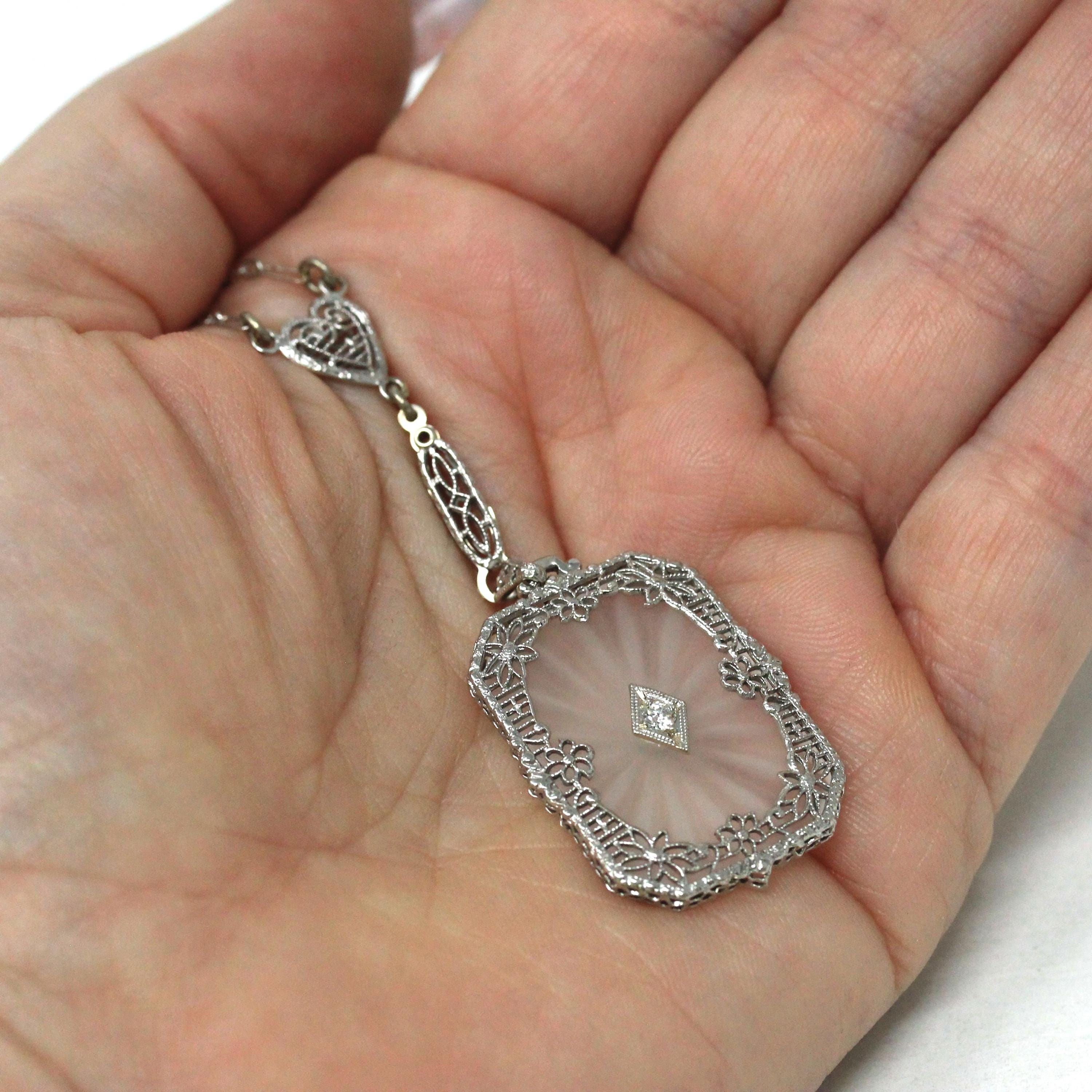 Rock Crystal Quartz Necklace - Art Deco 14k White Gold Natural Diamond Pendant Original Chain - Circa 1930s Statement Filigree Fine Jewelry