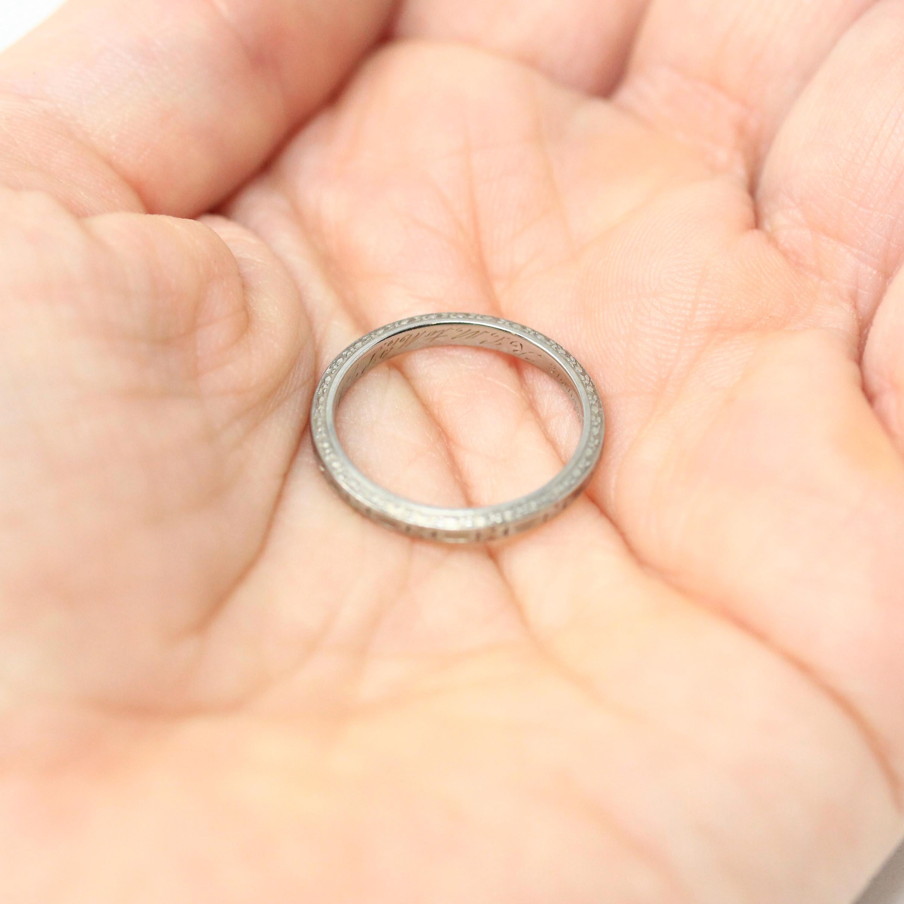 Vintage Wedding Band - Art Deco 18k White Gold Byard F Brogan Inscribed Eternity Ring - Dated 1935 Size 5 Bridal Unisex Fine 30s Era Jewelry