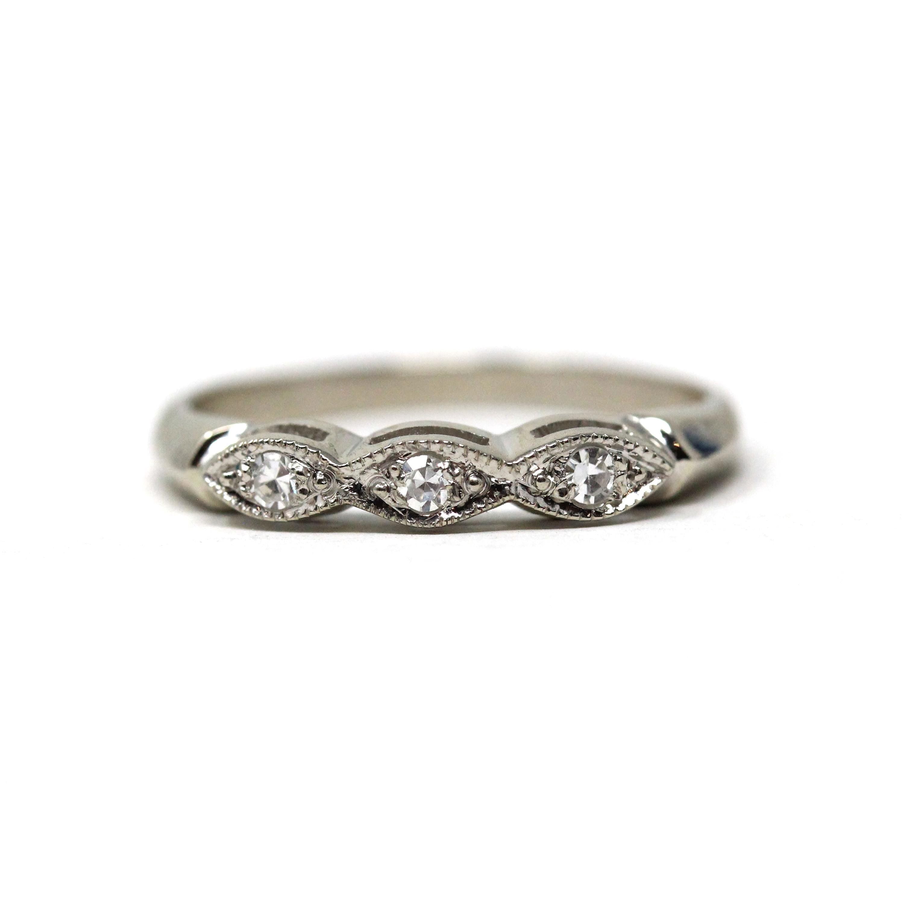 Mid Century Diamond Band - Vintage 14k White Gold 0.07 CTW Wedding Ring - Circa 1950s Era Size 6 1/4 Stacking Textured Fine Bridal Jewelry