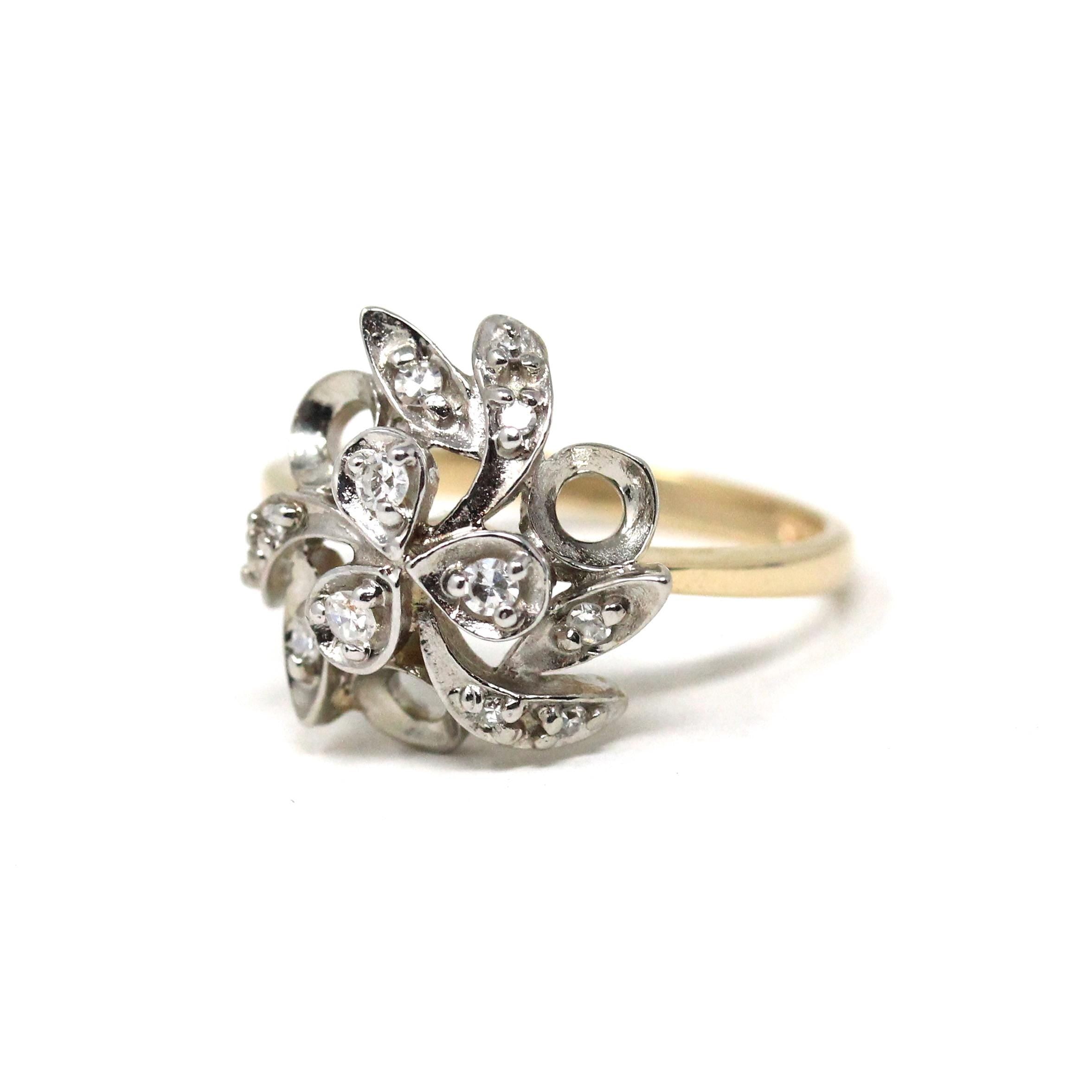 Clover Diamond Ring - Mid Century 10k Yellow & White Gold Two Tone Gemstone Spray Cluster - Circa 1950s Era Size 6.25 Fine Statement Jewelry