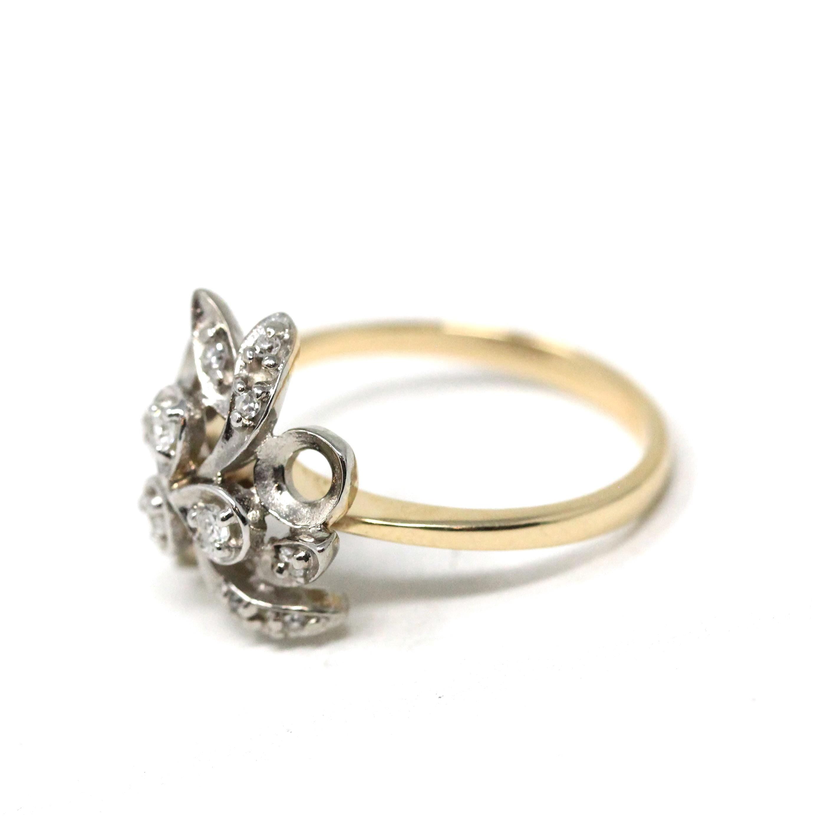 Clover Diamond Ring - Mid Century 10k Yellow & White Gold Two Tone Gemstone Spray Cluster - Circa 1950s Era Size 6.25 Fine Statement Jewelry