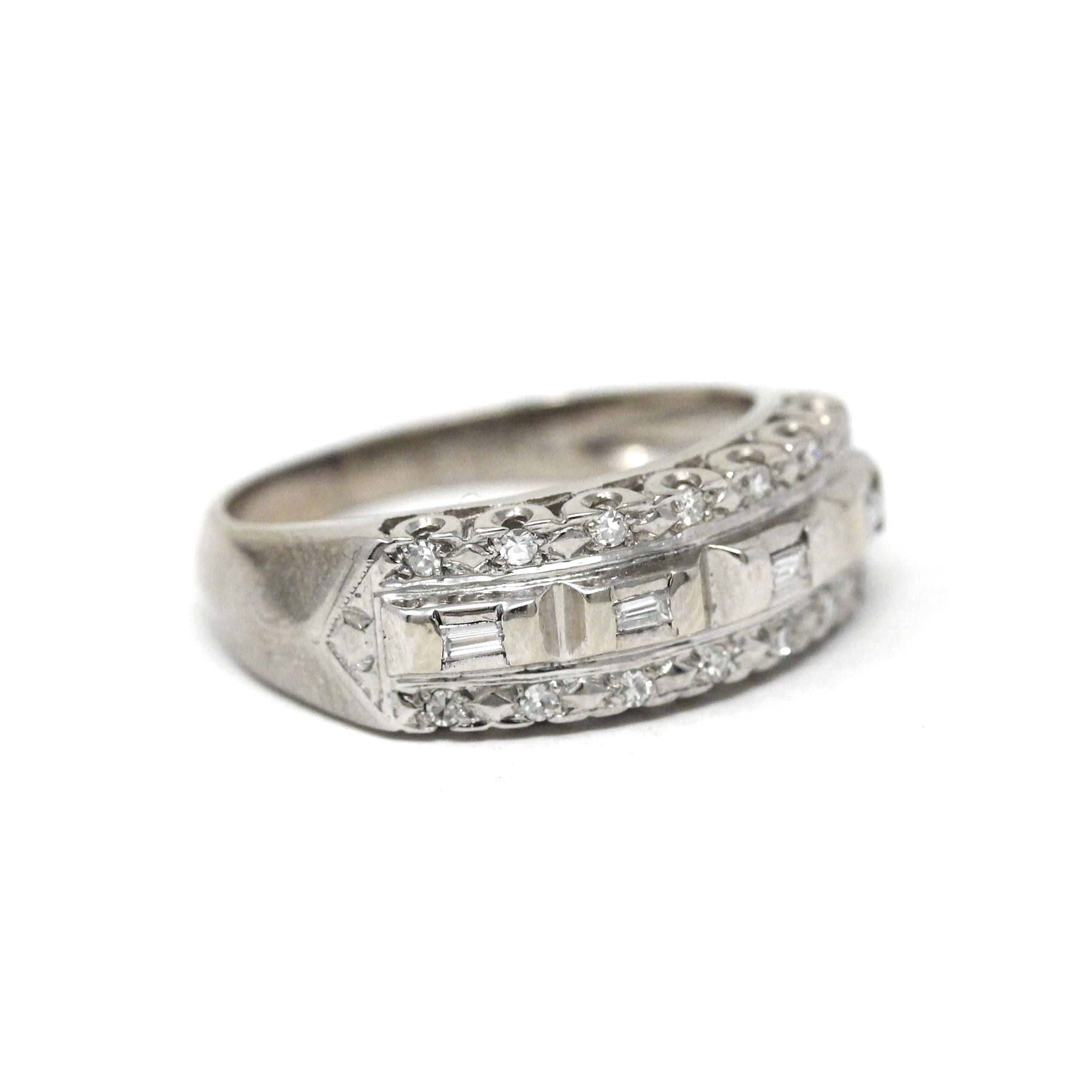Mid Century Diamond Ring - Vintage 14k White Gold Natural Baguette Gemstones Wedding Band - Circa 1950s Size 5 1/4 Stacking Fine 50s Jewelry