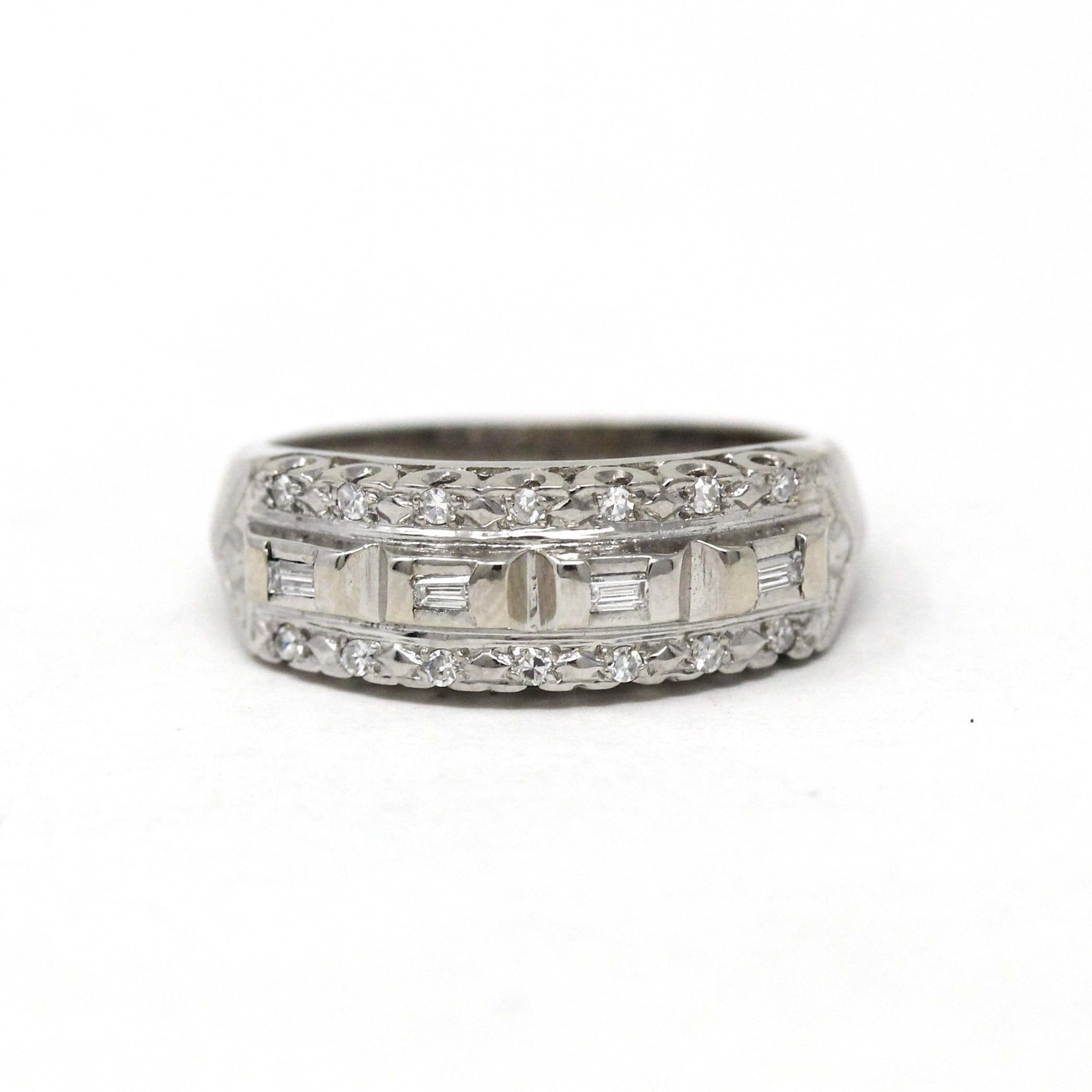 Mid Century Diamond Ring - Vintage 14k White Gold Natural Baguette Gemstones Wedding Band - Circa 1950s Size 5 1/4 Stacking Fine 50s Jewelry