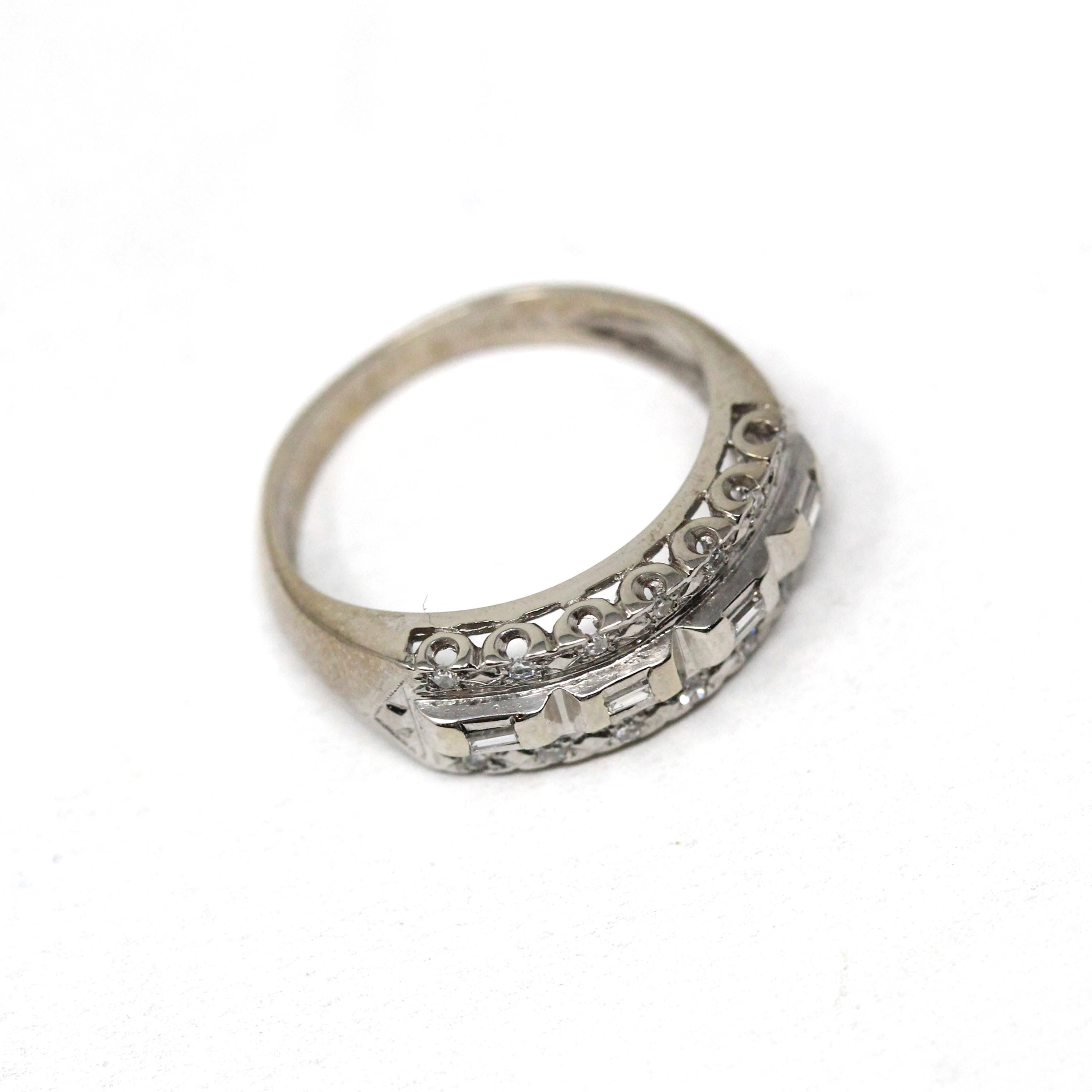 Mid Century Diamond Ring - Vintage 14k White Gold Natural Baguette Gemstones Wedding Band - Circa 1950s Size 5 1/4 Stacking Fine 50s Jewelry