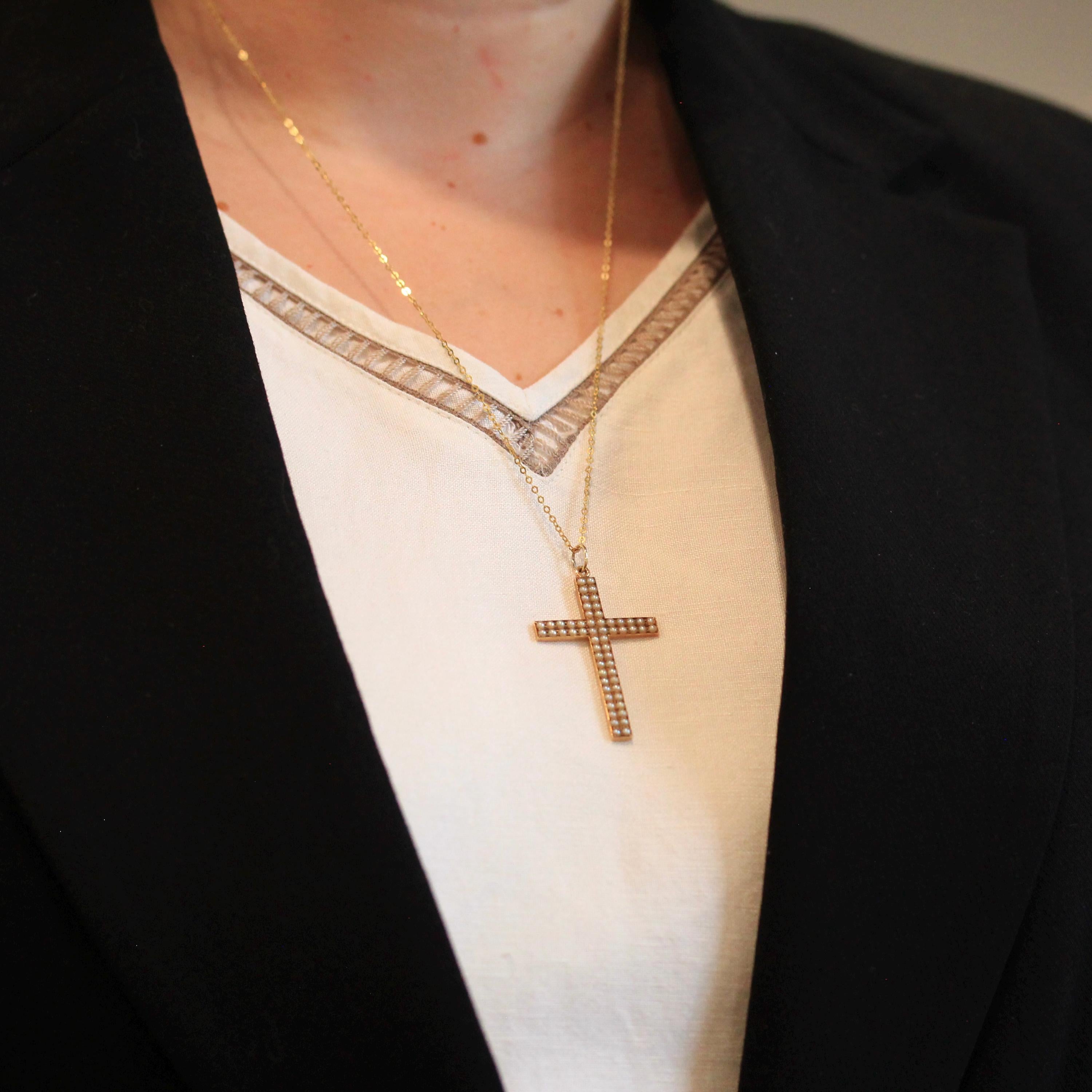 Antique Cross Pendant - Edwardian 14k Yellow Gold Seed Pearls Statement Charm Necklace - Vintage Circa Early 1900s Era 2 inch Fine Jewelry