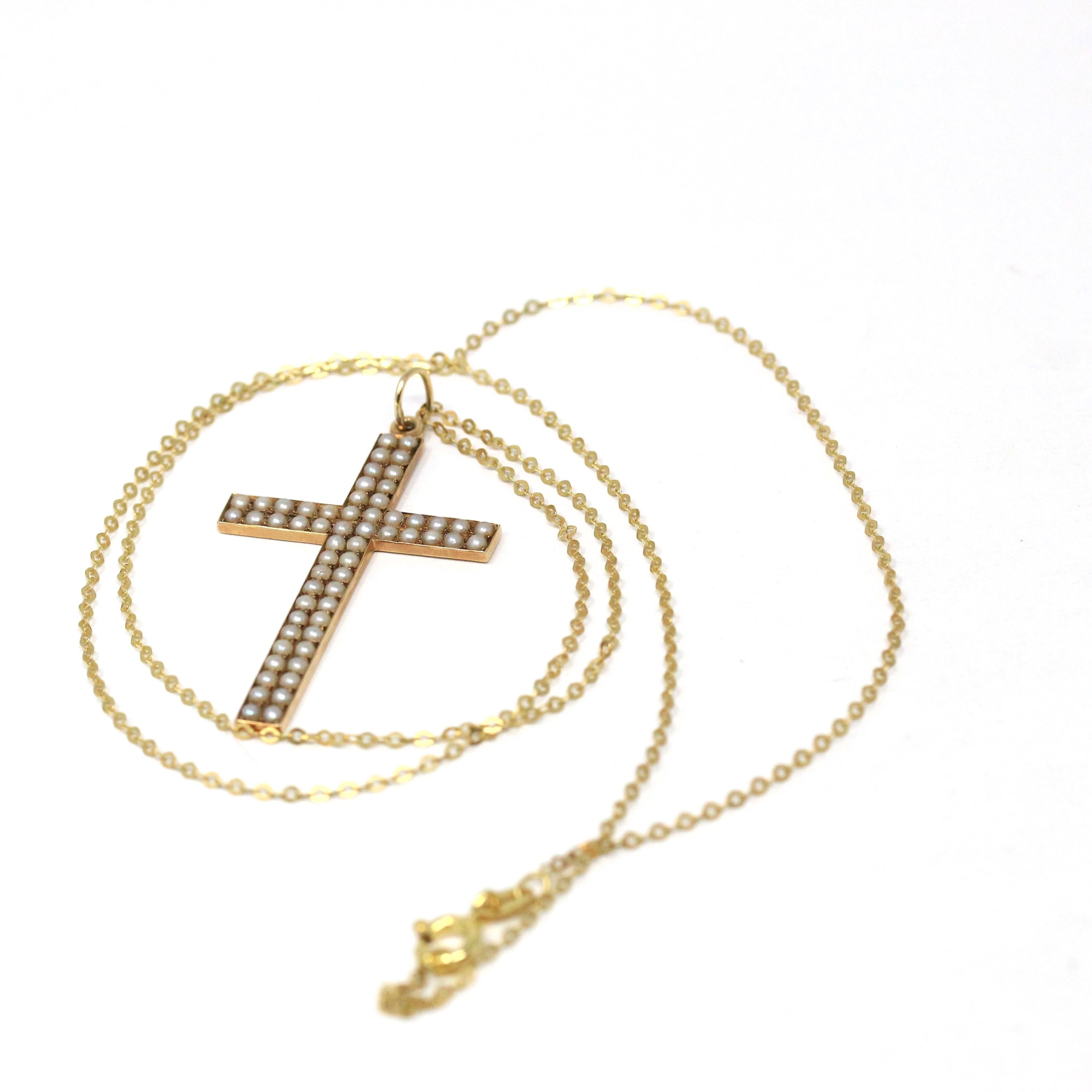 Antique Cross Pendant - Edwardian 14k Yellow Gold Seed Pearls Statement Charm Necklace - Vintage Circa Early 1900s Era 2 inch Fine Jewelry