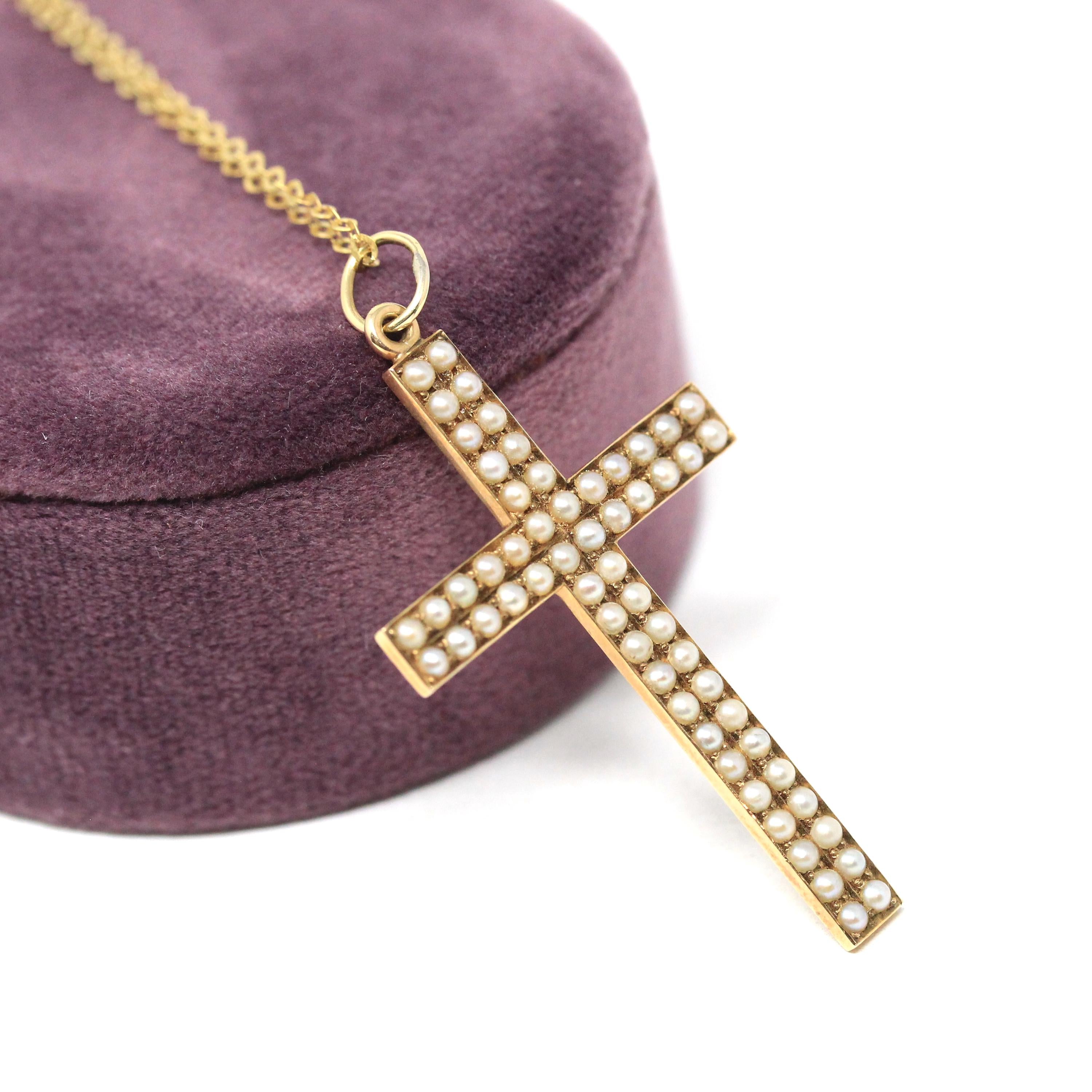 Antique Cross Pendant - Edwardian 14k Yellow Gold Seed Pearls Statement Charm Necklace - Vintage Circa Early 1900s Era 2 inch Fine Jewelry