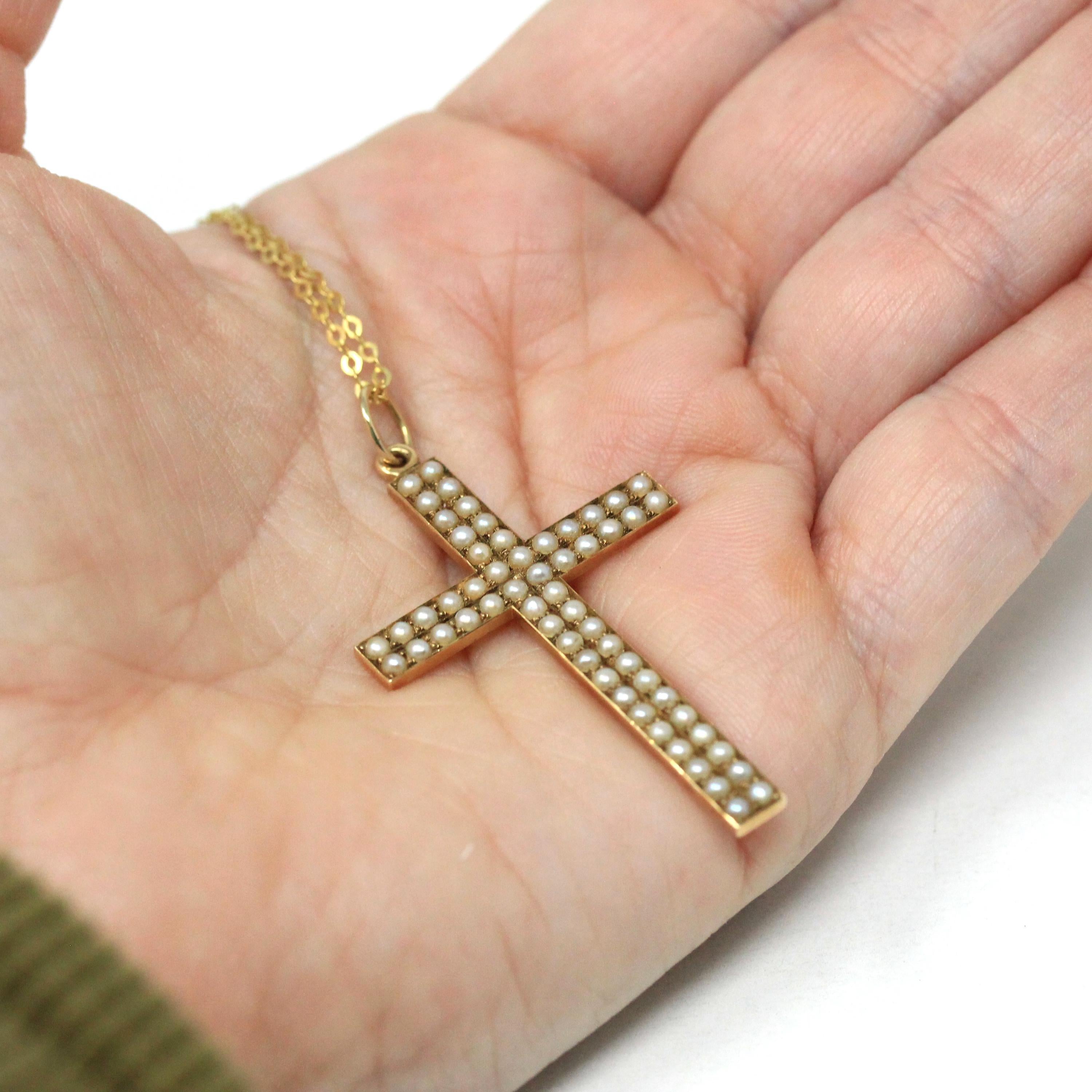 Antique Cross Pendant - Edwardian 14k Yellow Gold Seed Pearls Statement Charm Necklace - Vintage Circa Early 1900s Era 2 inch Fine Jewelry