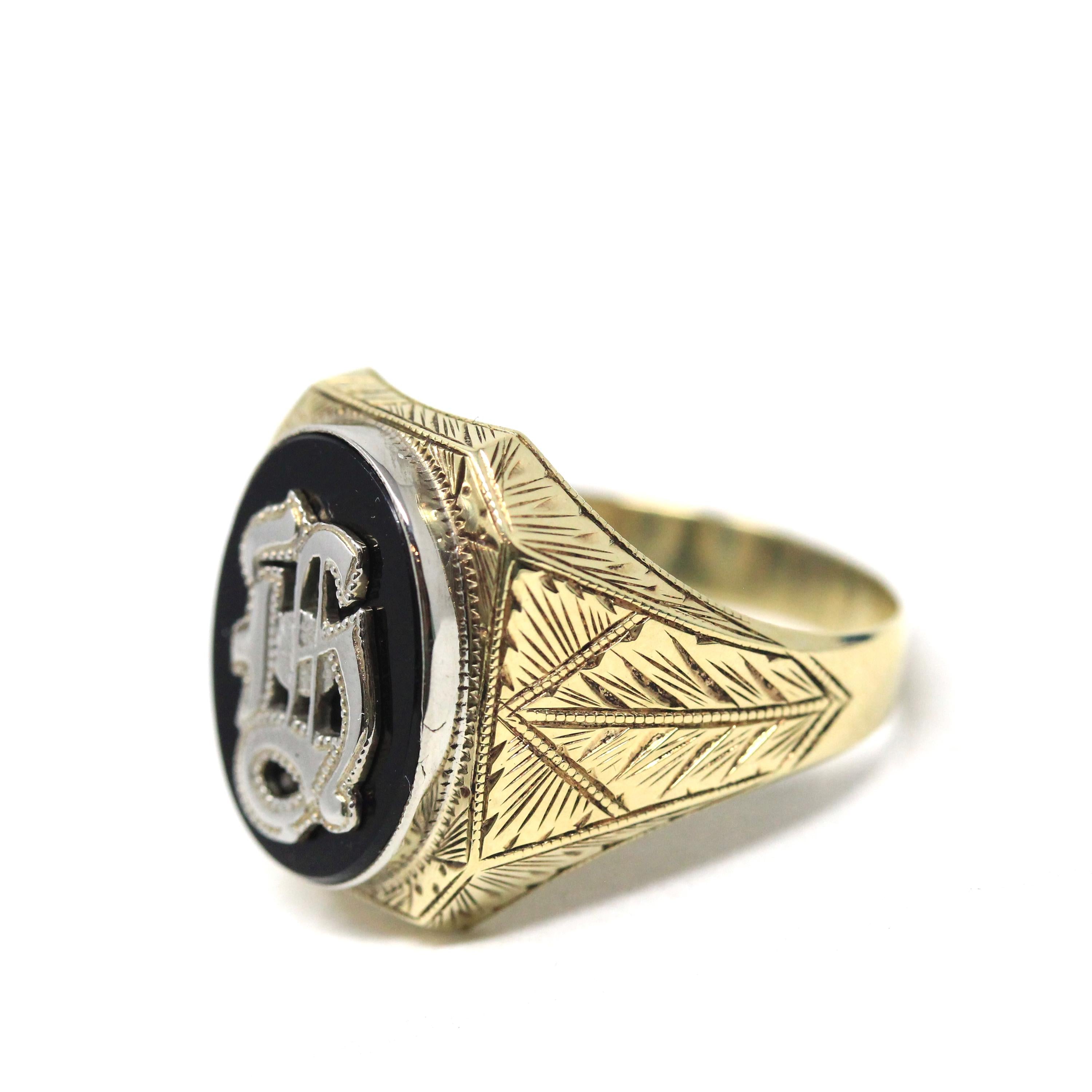 Letter "H" Ring - Art Deco 10k Yellow Gold Black Onyx Old English Initial - Vintage 1930s Signet Size 9 1/2 Statement Unisex Fine Jewelry