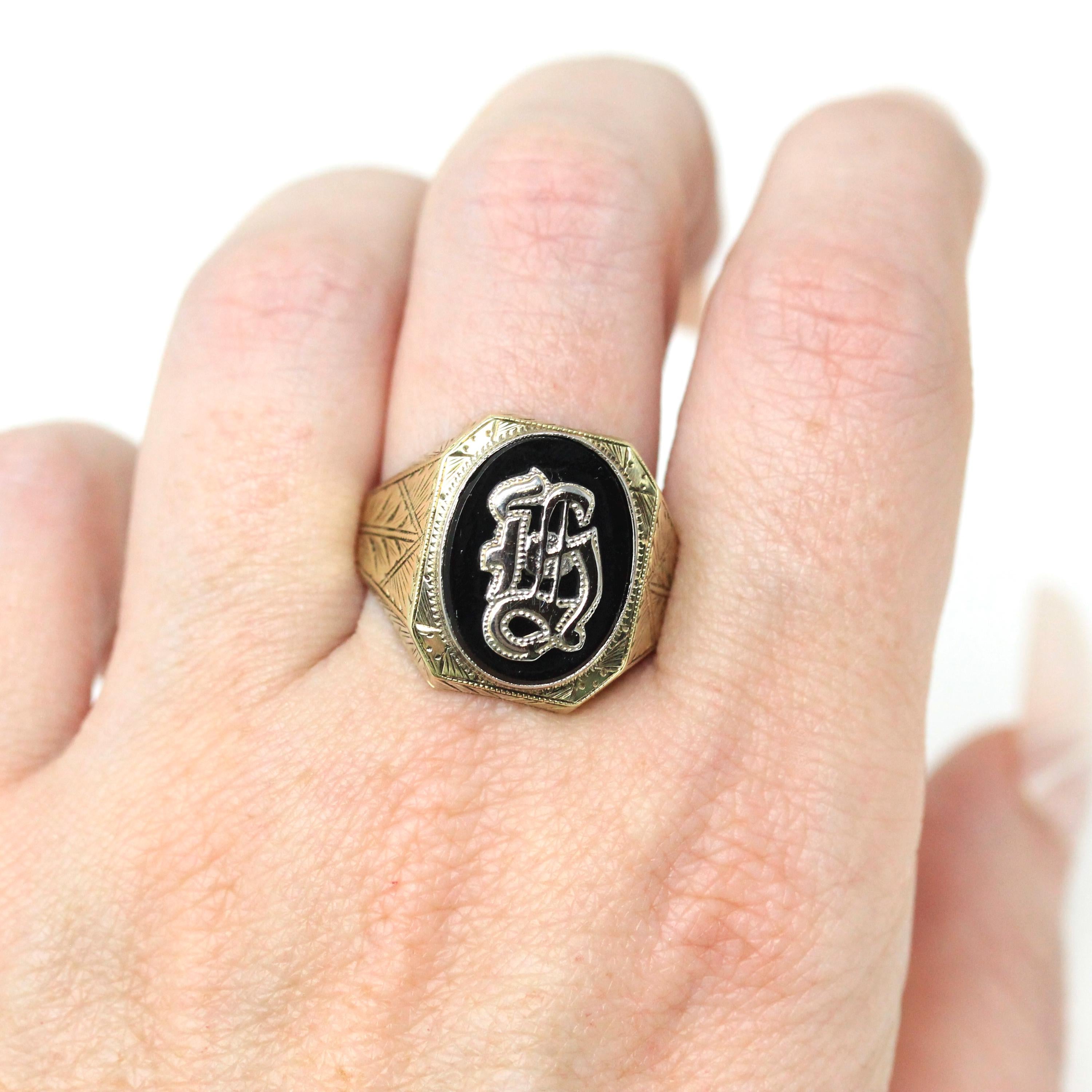 Letter "H" Ring - Art Deco 10k Yellow Gold Black Onyx Old English Initial - Vintage 1930s Signet Size 9 1/2 Statement Unisex Fine Jewelry