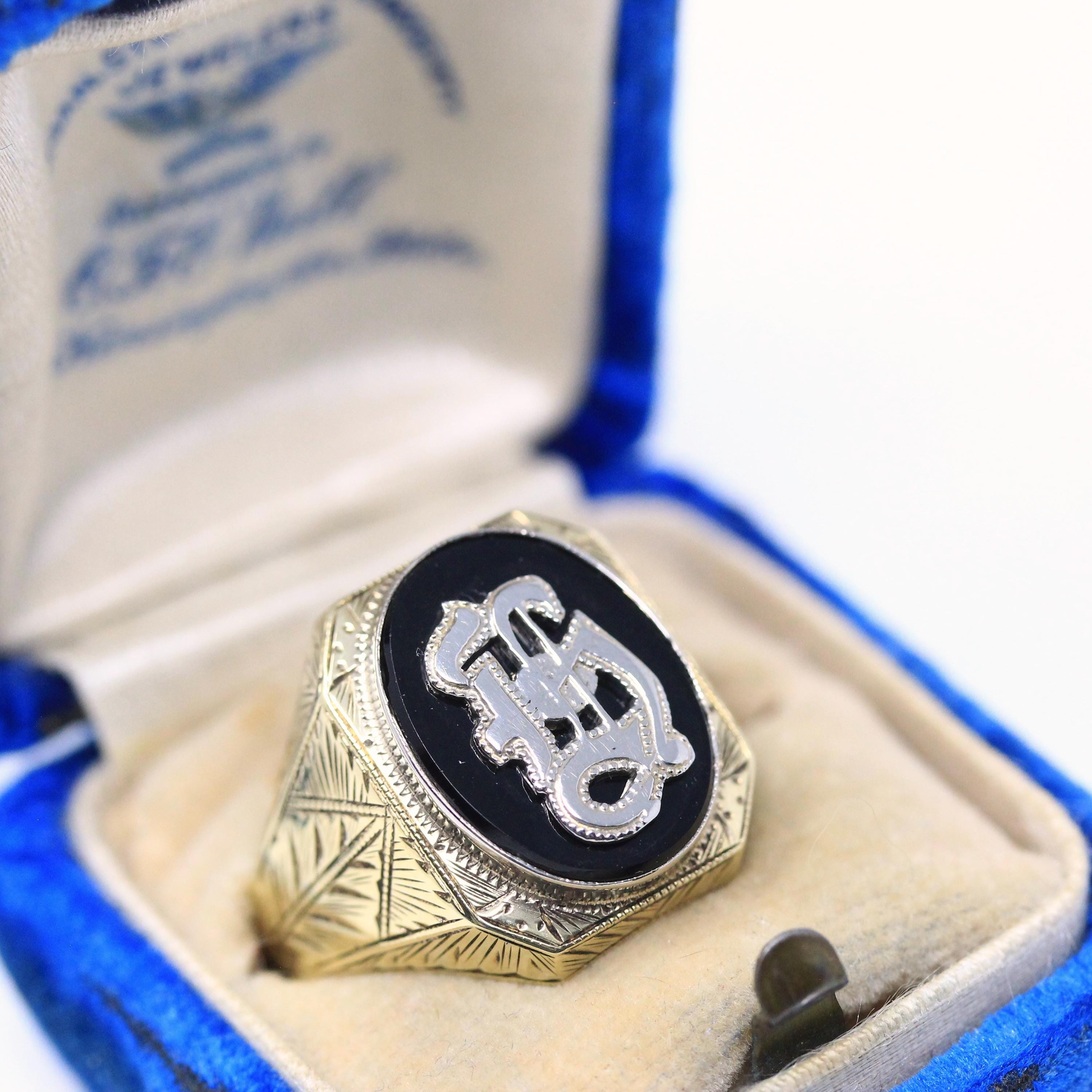 Letter "H" Ring - Art Deco 10k Yellow Gold Black Onyx Old English Initial - Vintage 1930s Signet Size 9 1/2 Statement Unisex Fine Jewelry