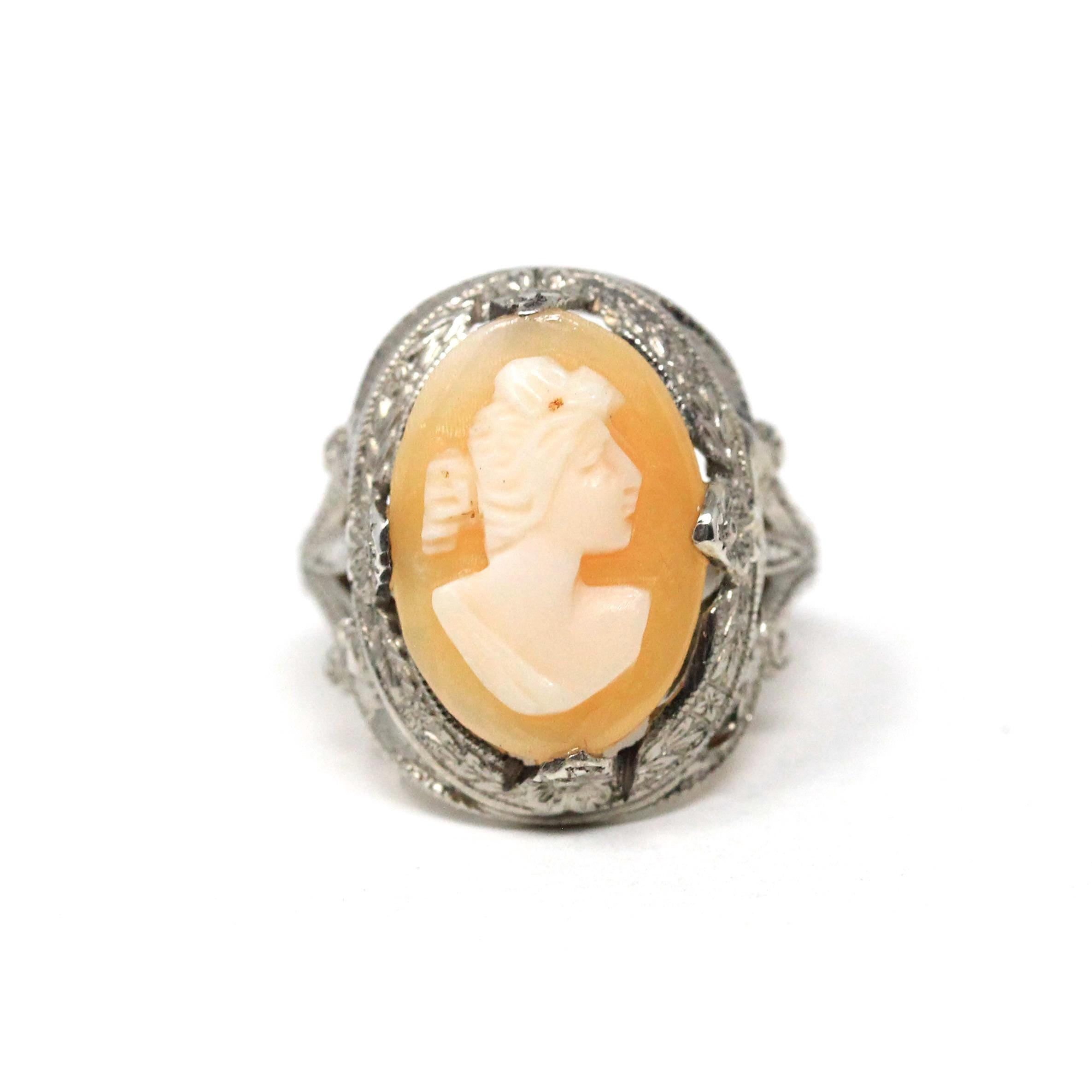 Vintage Cameo Ring - Art Deco Sterling Silver Oval Carved Shell Woman - Circa 1930s Era Size 4 Statement Flower Motif 30s Jewelry