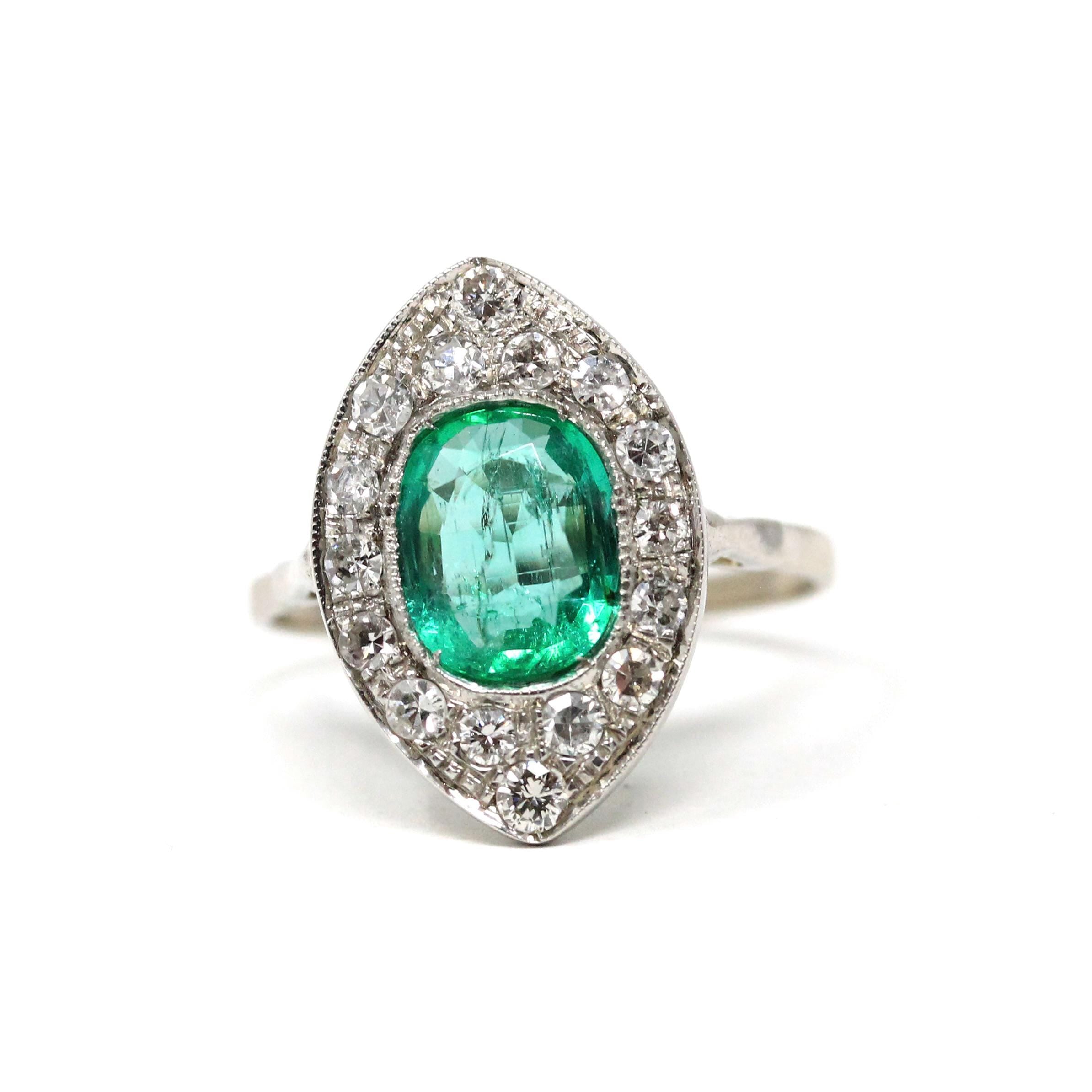 Art Deco Emerald Ring - Antique 18k White Gold Handmade Natural Green Gem Diamonds Shield Engagement - Circa 1920s Size 8 Halo Fine Jewelry