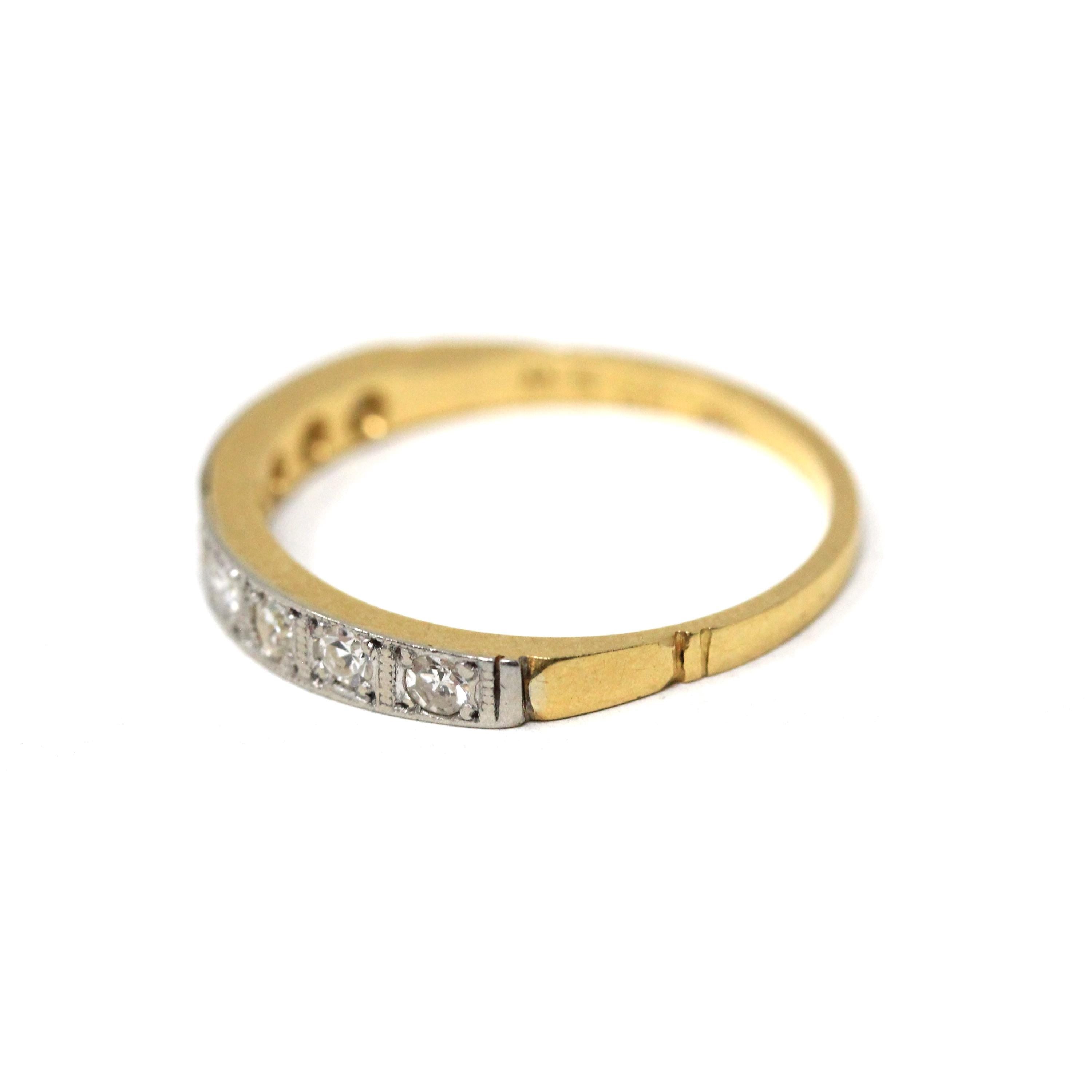 Diamond Wedding Band - Mid Century 18k Yellow Gold & Platinum Half Eternity Ring - Hallmarked 1942 Size 8 Fine Two Tone Bridal Band Jewelry