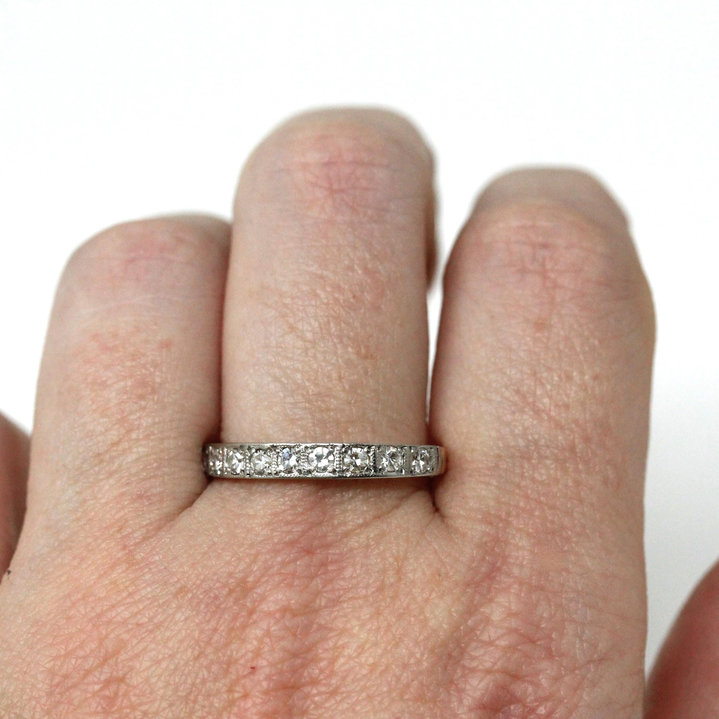 Diamond Wedding Band - Mid Century 18k Yellow Gold & Platinum Half Eternity Ring - Hallmarked 1942 Size 8 Fine Two Tone Bridal Band Jewelry