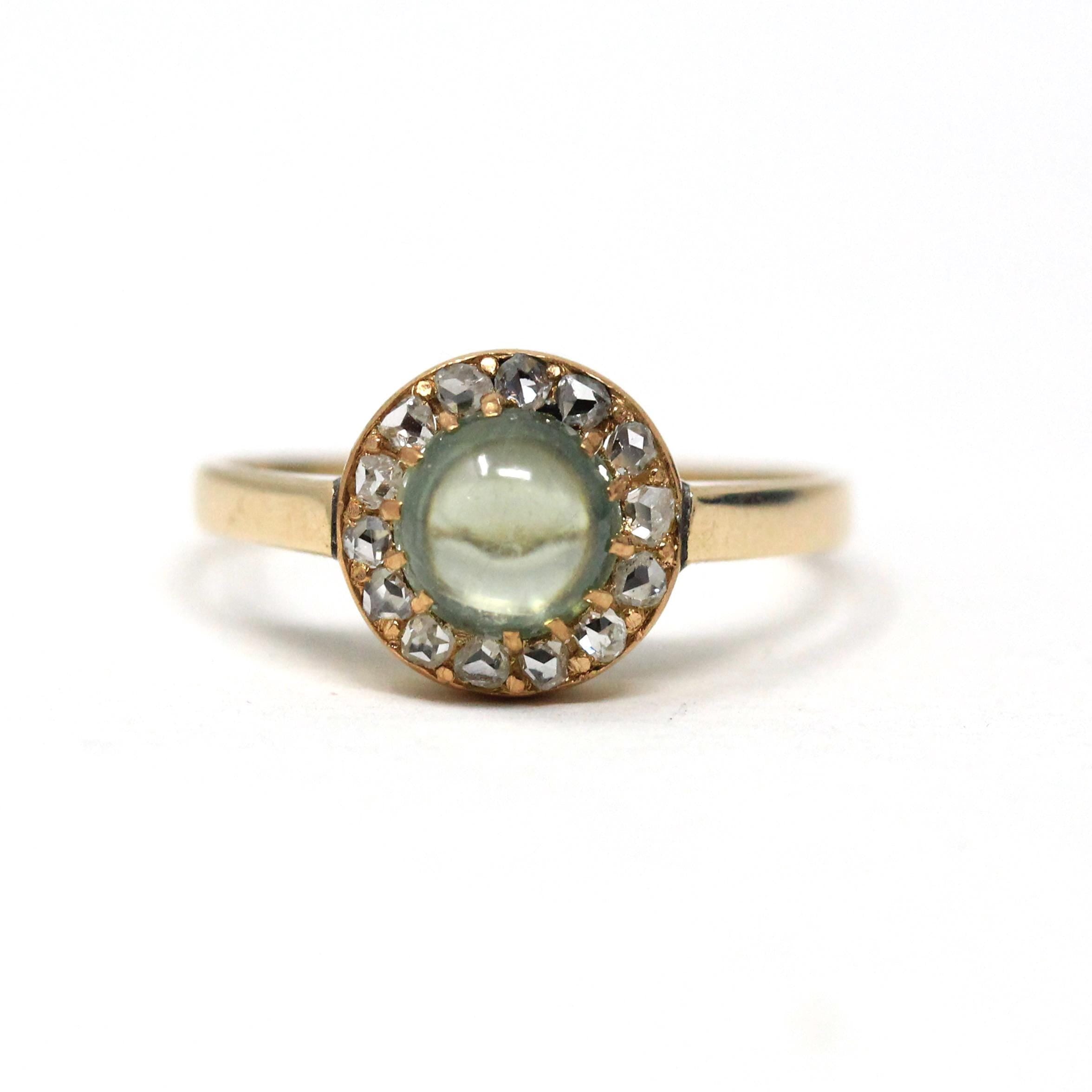 Edwardian Halo Ring - Antique 14k Yellow Gold Cats Eye Demantoid Garnet & Diamond Accents - Circa 1900s Era Size 7.5 Fine Statement Jewelry