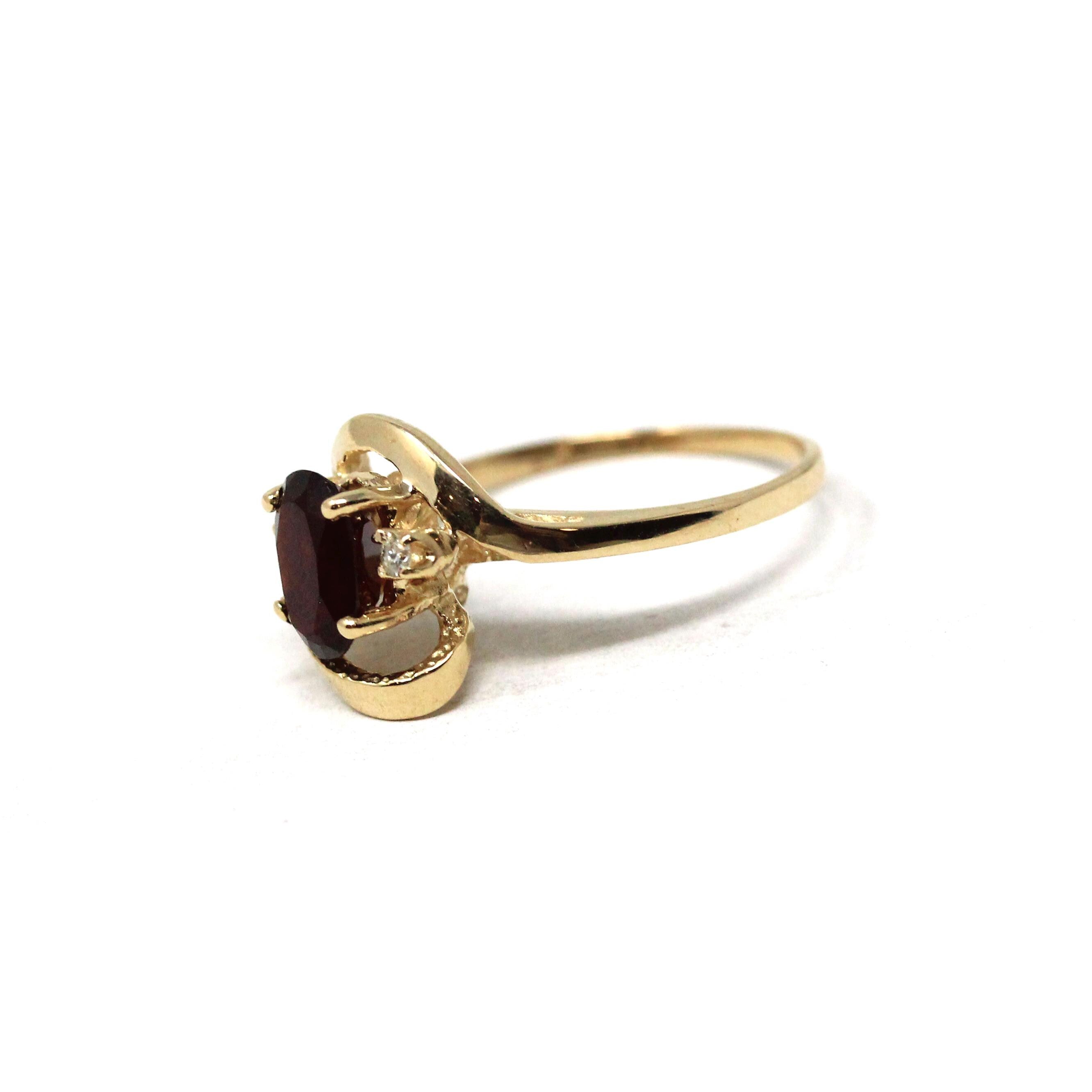 Modern Garnet Ring - Estate 14k Yellow Gold Oval Cut Red Gem & Diamond Bypass - Circa 2000s Era Size 4 1/2 January Birthstone Fine Jewelry