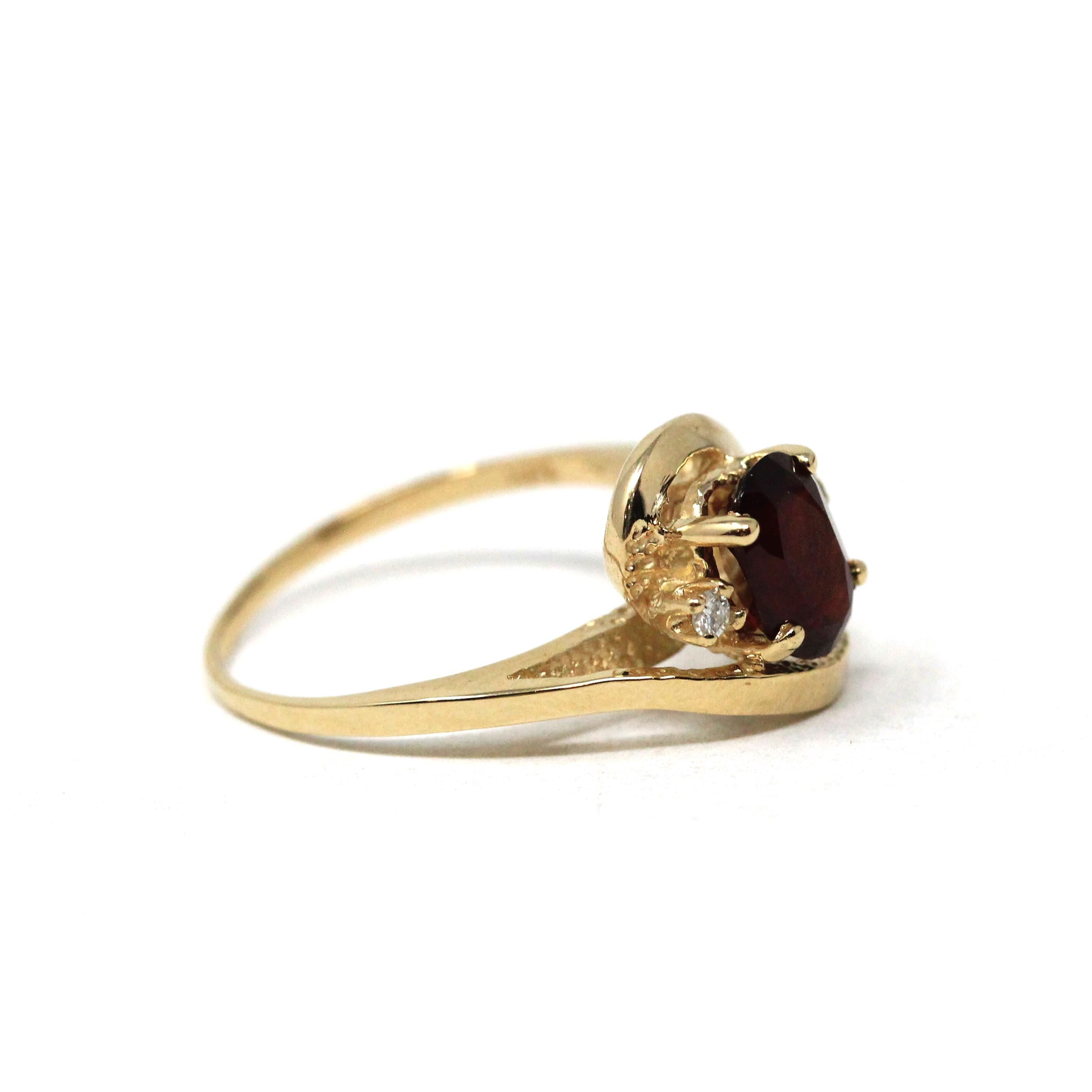 Modern Garnet Ring - Estate 14k Yellow Gold Oval Cut Red Gem & Diamond Bypass - Circa 2000s Era Size 4 1/2 January Birthstone Fine Jewelry