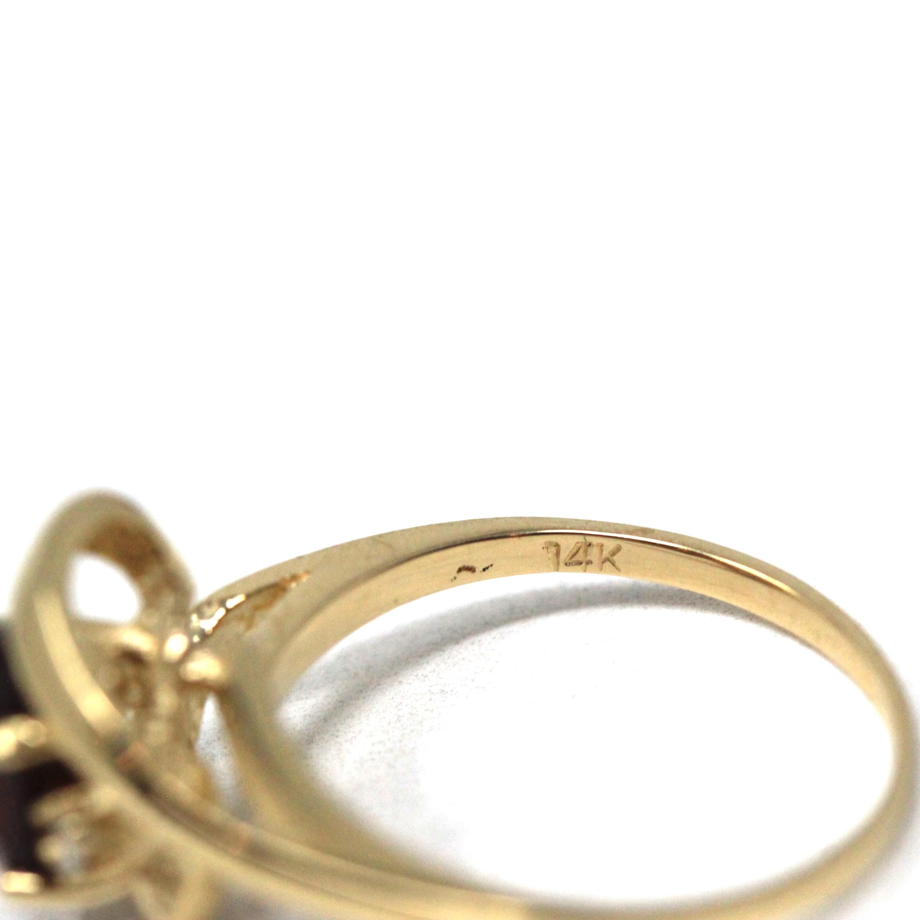 Modern Garnet Ring - Estate 14k Yellow Gold Oval Cut Red Gem & Diamond Bypass - Circa 2000s Era Size 4 1/2 January Birthstone Fine Jewelry