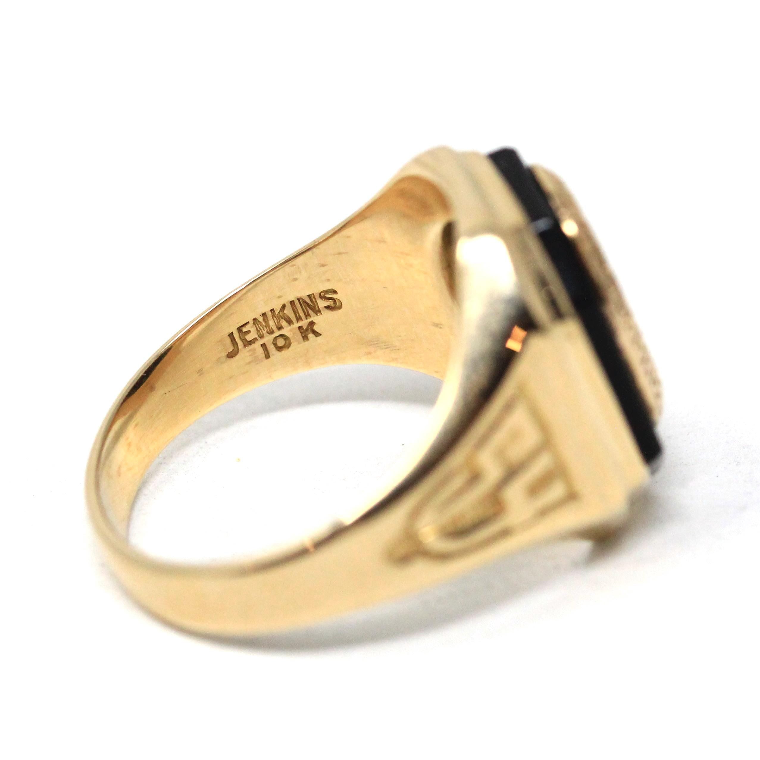 Onyx Signet Ring - Mid Century 10k Yellow Gold Natural Black Chalcedony Gem - Dated 1954 Size 8 Evening High School of Baltimore Owl Jewelry