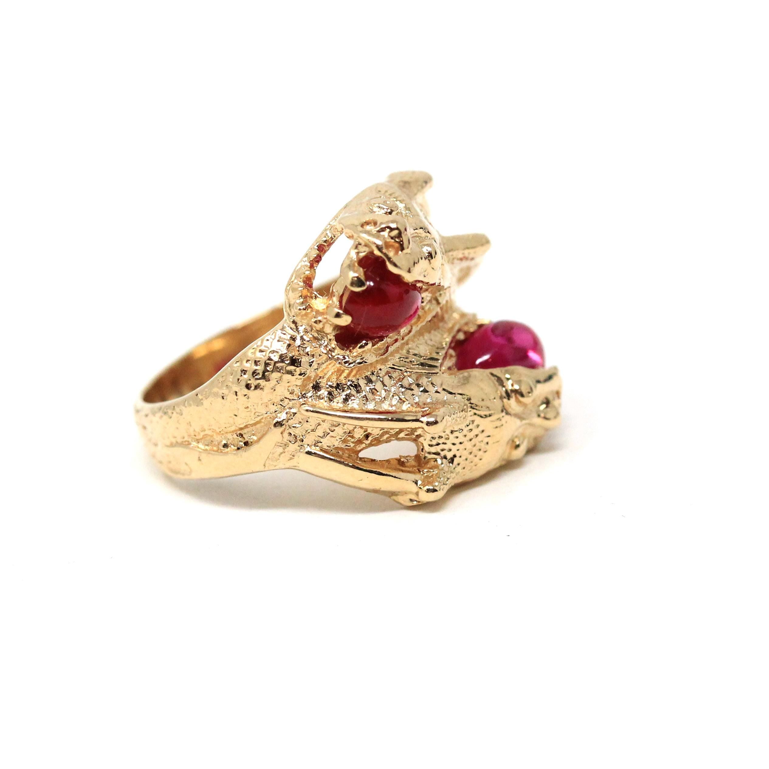 Dragon Bypass Ring - Modern 14k Yellow Gold Red Created Ruby Gemstones - Estate Circa 2000s Era Size 8.25 Fine Mythical Statement Jewelry