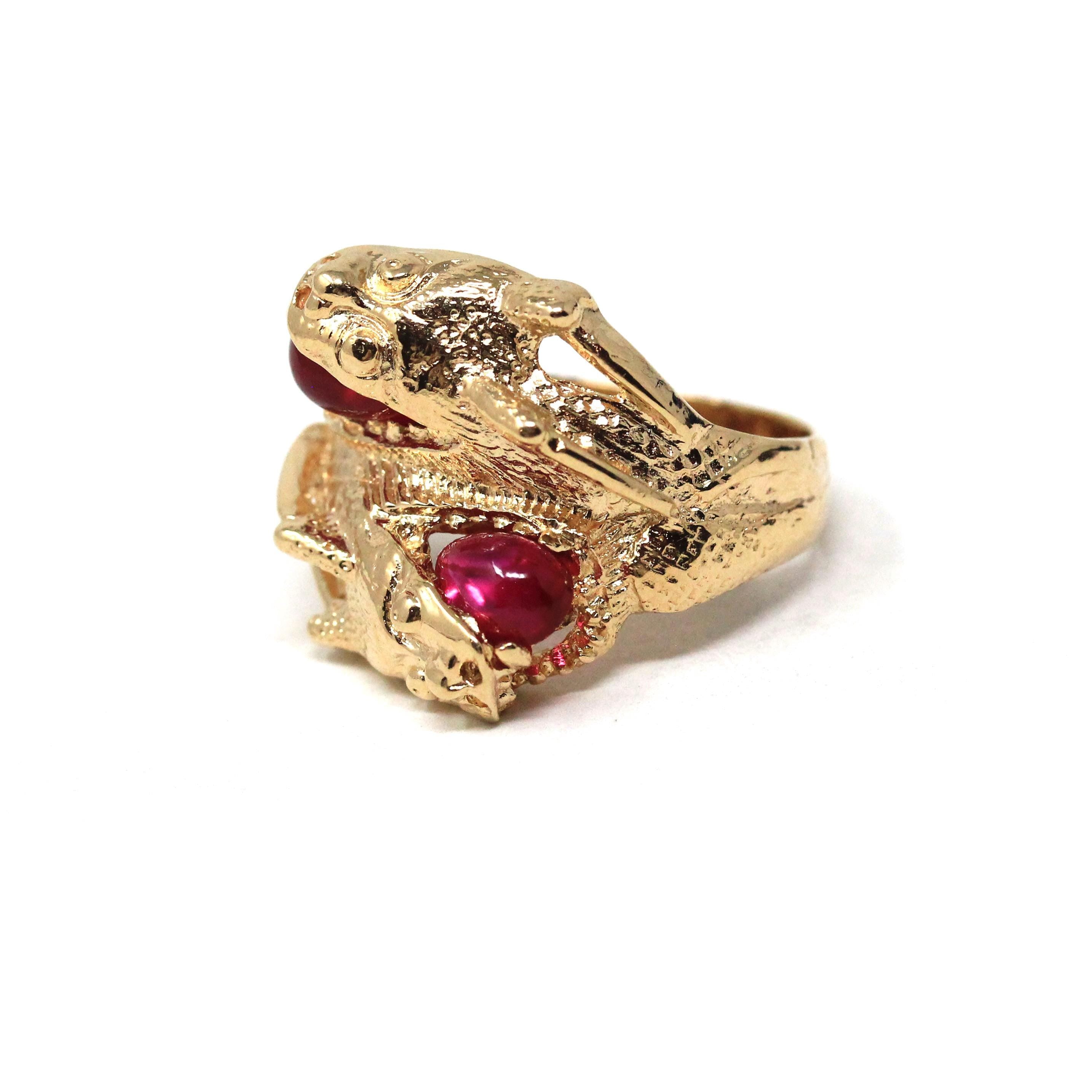 Dragon Bypass Ring - Modern 14k Yellow Gold Red Created Ruby Gemstones - Estate Circa 2000s Era Size 8.25 Fine Mythical Statement Jewelry