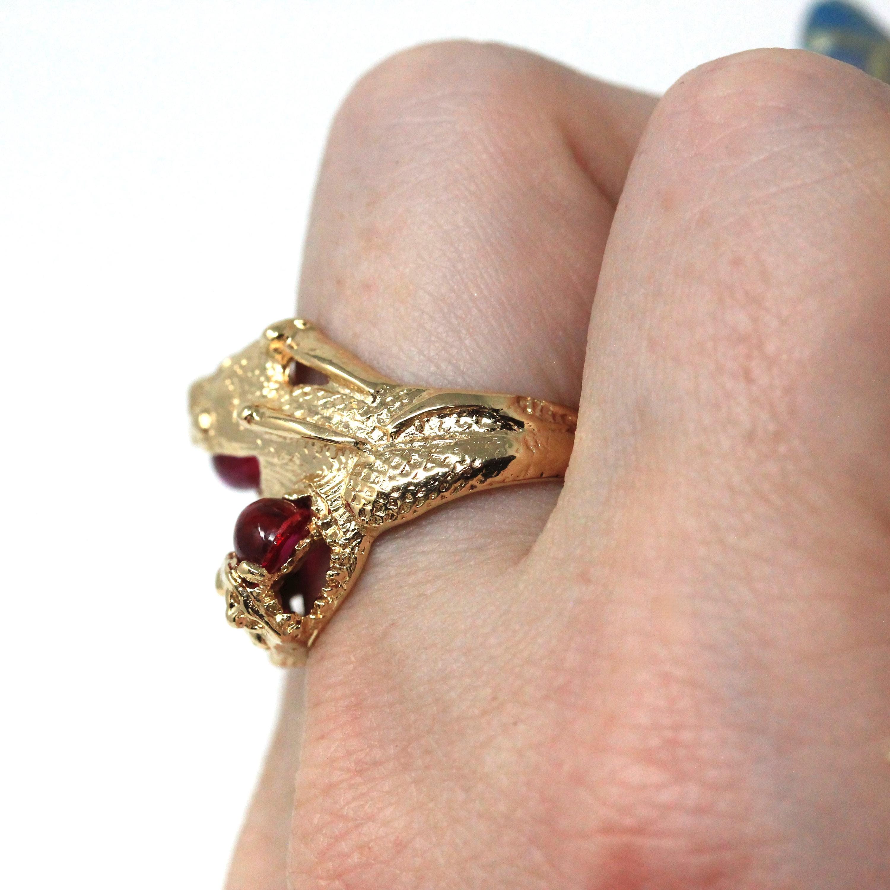 Dragon Bypass Ring - Modern 14k Yellow Gold Red Created Ruby Gemstones - Estate Circa 2000s Era Size 8.25 Fine Mythical Statement Jewelry