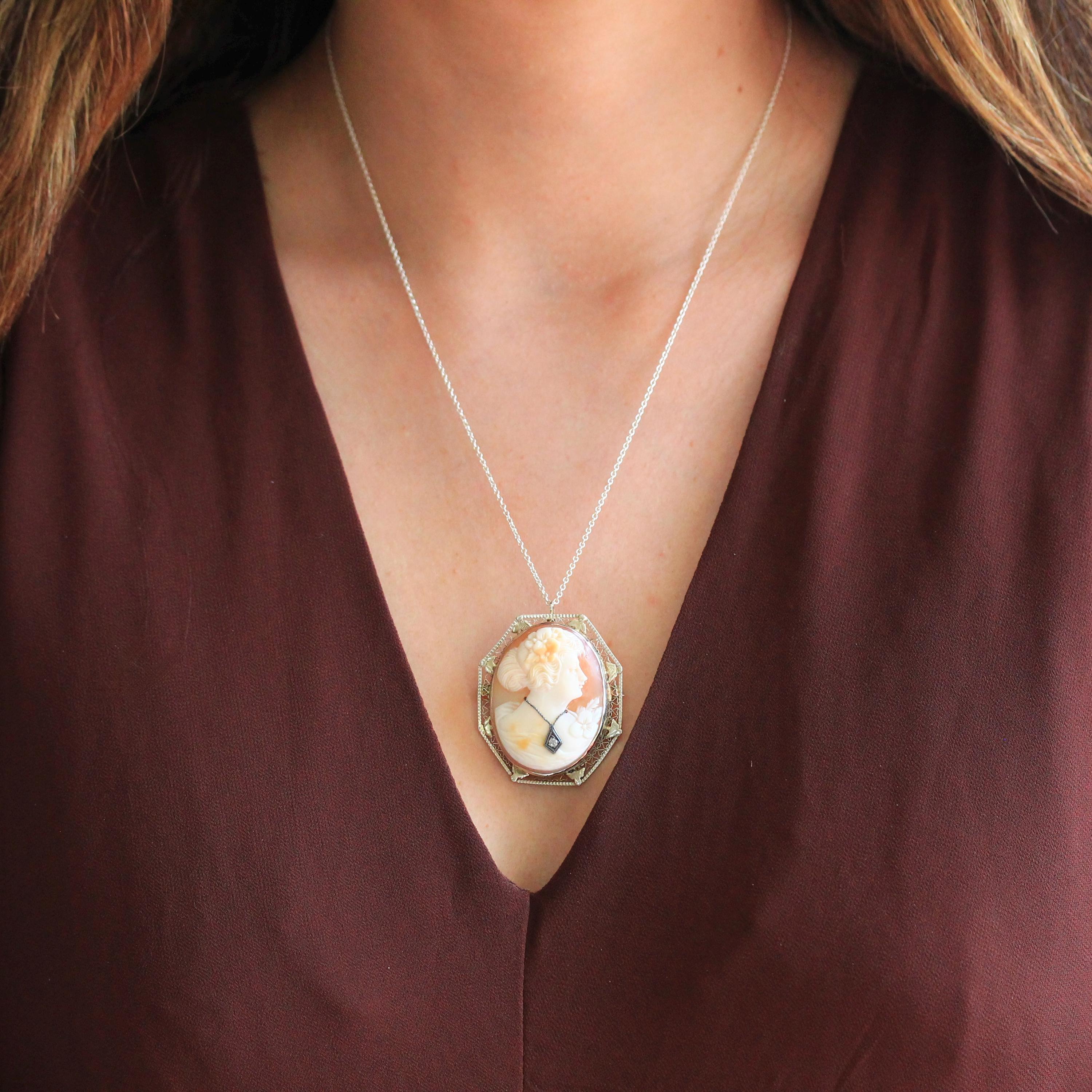 Habillé Cameo Pendant - Art Deco Era 14k White Gold Natural Diamond Carved Shell Woman's Profile Necklace - Vintage Circa 1930s Fine Jewelry