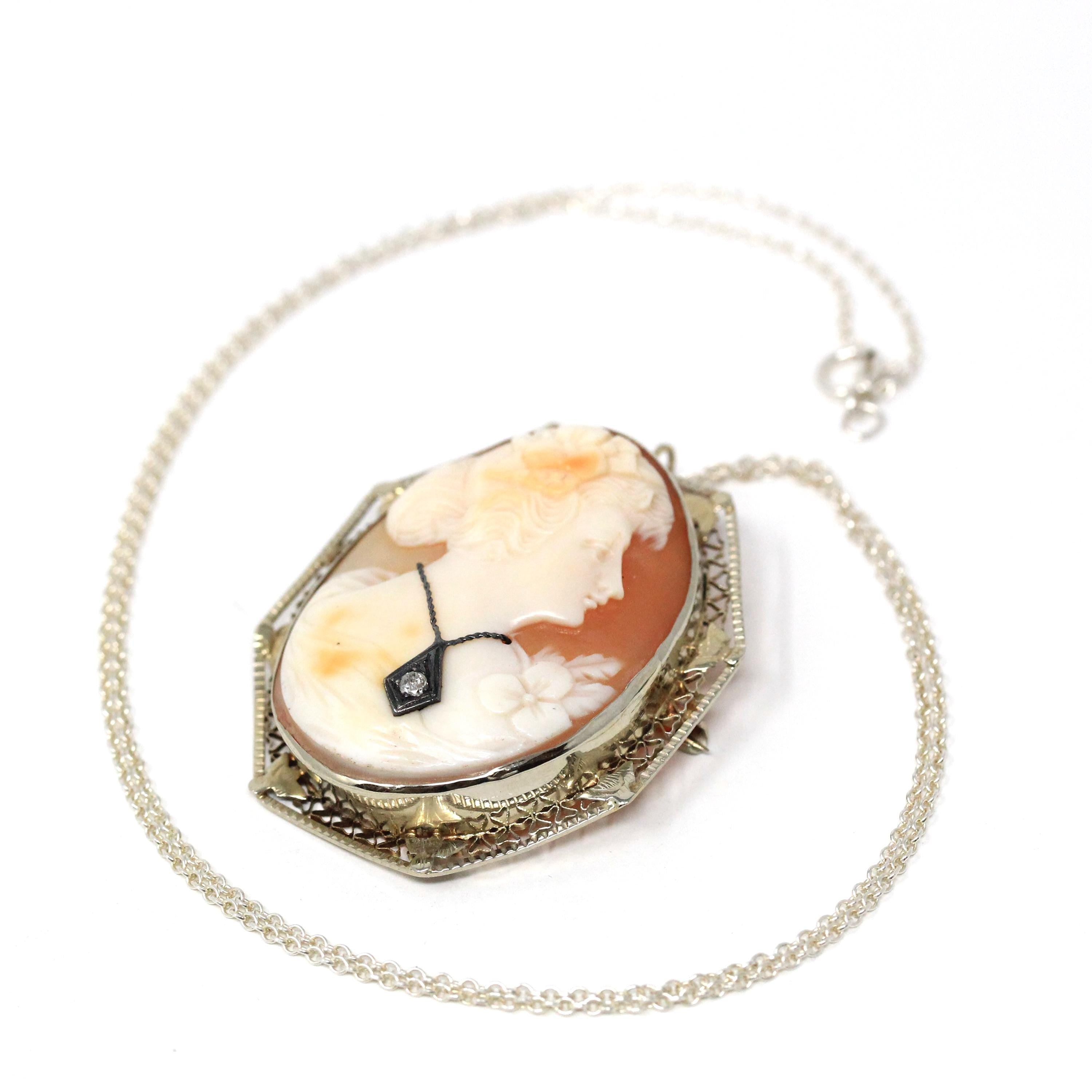 Habillé Cameo Pendant - Art Deco Era 14k White Gold Natural Diamond Carved Shell Woman's Profile Necklace - Vintage Circa 1930s Fine Jewelry