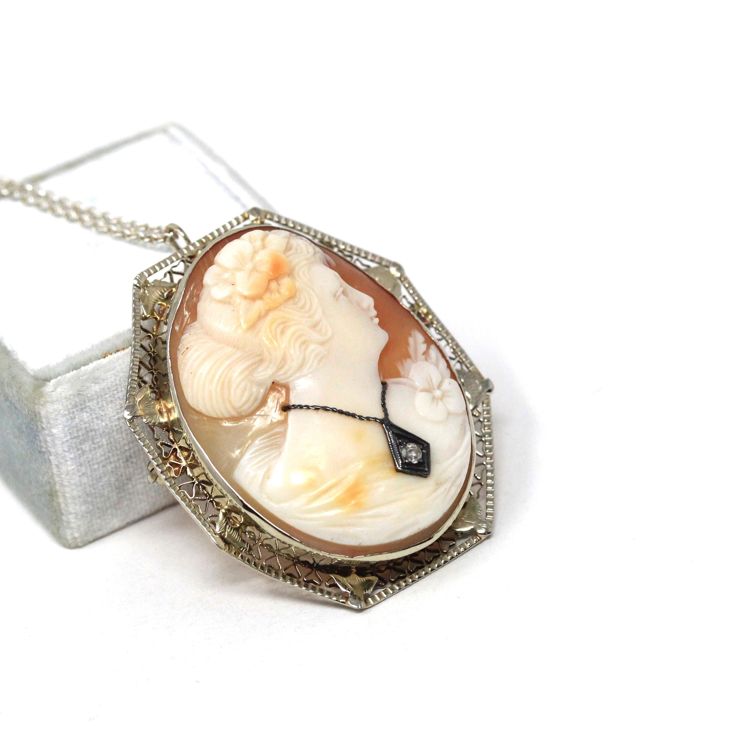Habillé Cameo Pendant - Art Deco Era 14k White Gold Natural Diamond Carved Shell Woman's Profile Necklace - Vintage Circa 1930s Fine Jewelry