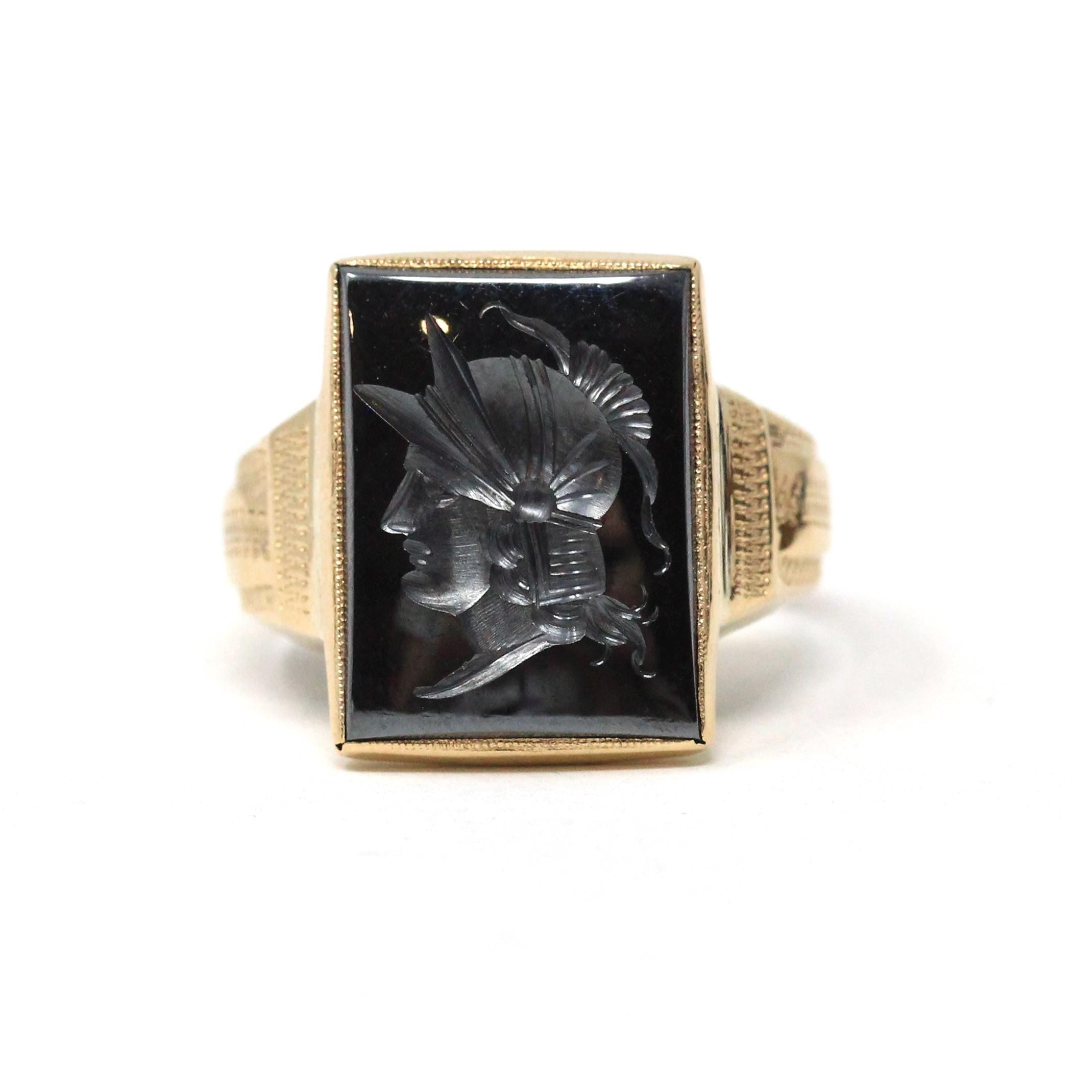 Vintage Hematite Ring - Retro 10k Yellow Gold Intaglio Carved Gray Spartan Gem Warrior - Circa 1970s Size 8 Men's Unisex Romany Fine Jewelry