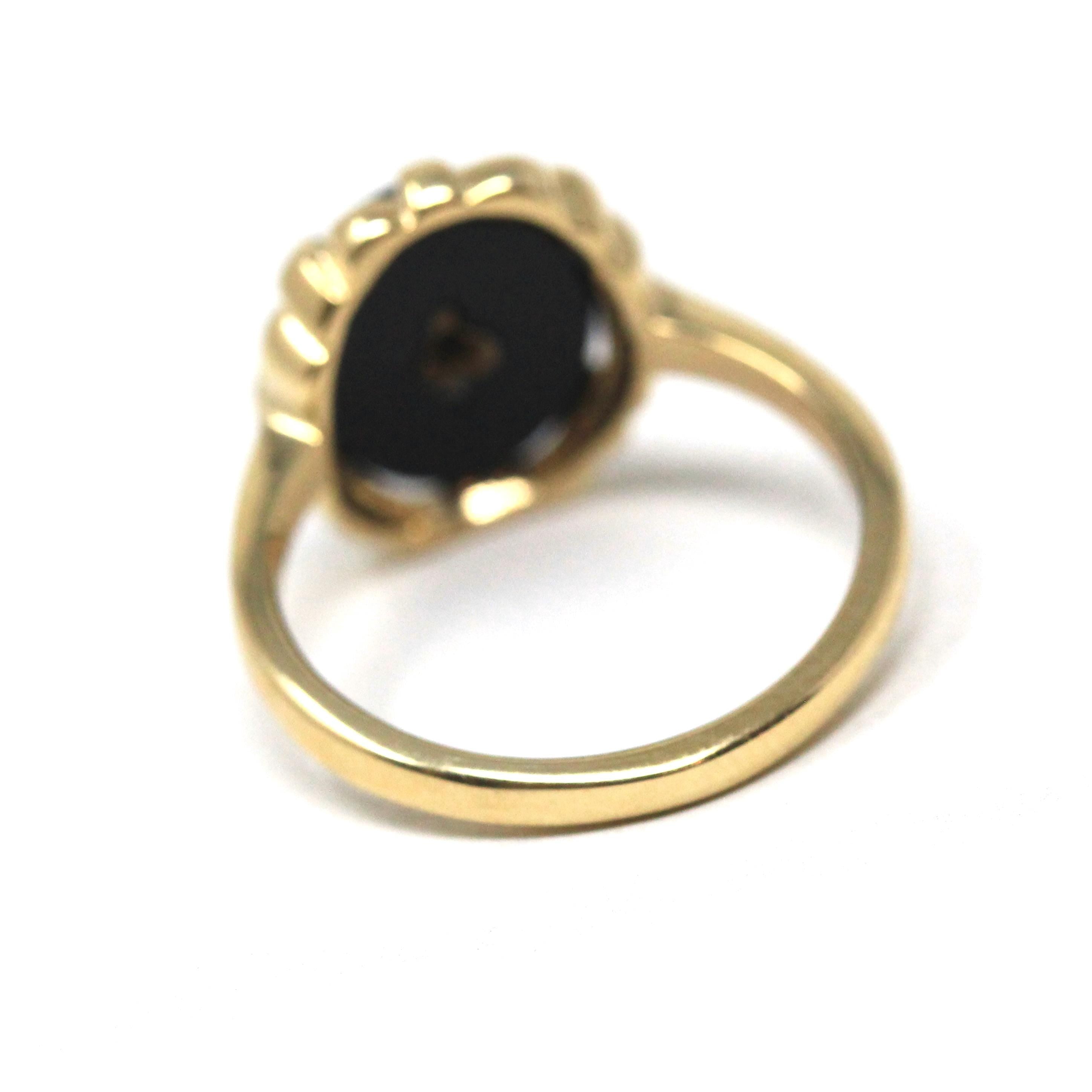 Vintage Onyx Ring - Mid Century 10k Yellow Gold Oval Black Chalcedony Gemstone - Circa 1940s Era Size 5 3/4 Diamond Fine Statement Jewelry