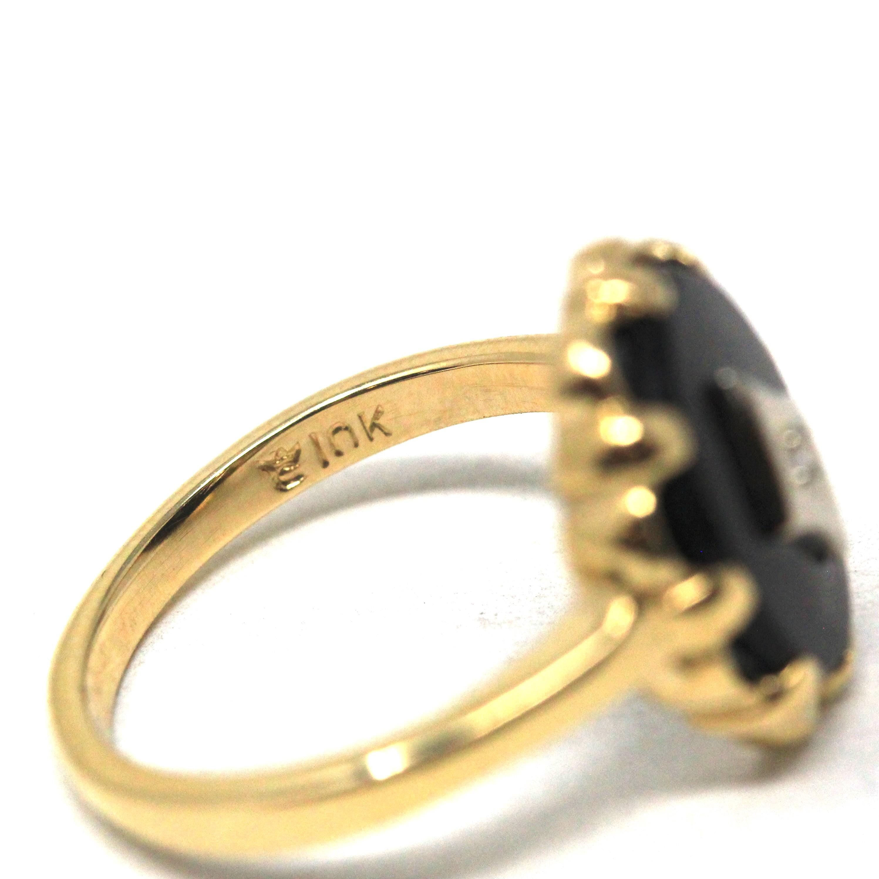 Vintage Onyx Ring - Mid Century 10k Yellow Gold Oval Black Chalcedony Gemstone - Circa 1940s Era Size 5 3/4 Diamond Fine Statement Jewelry