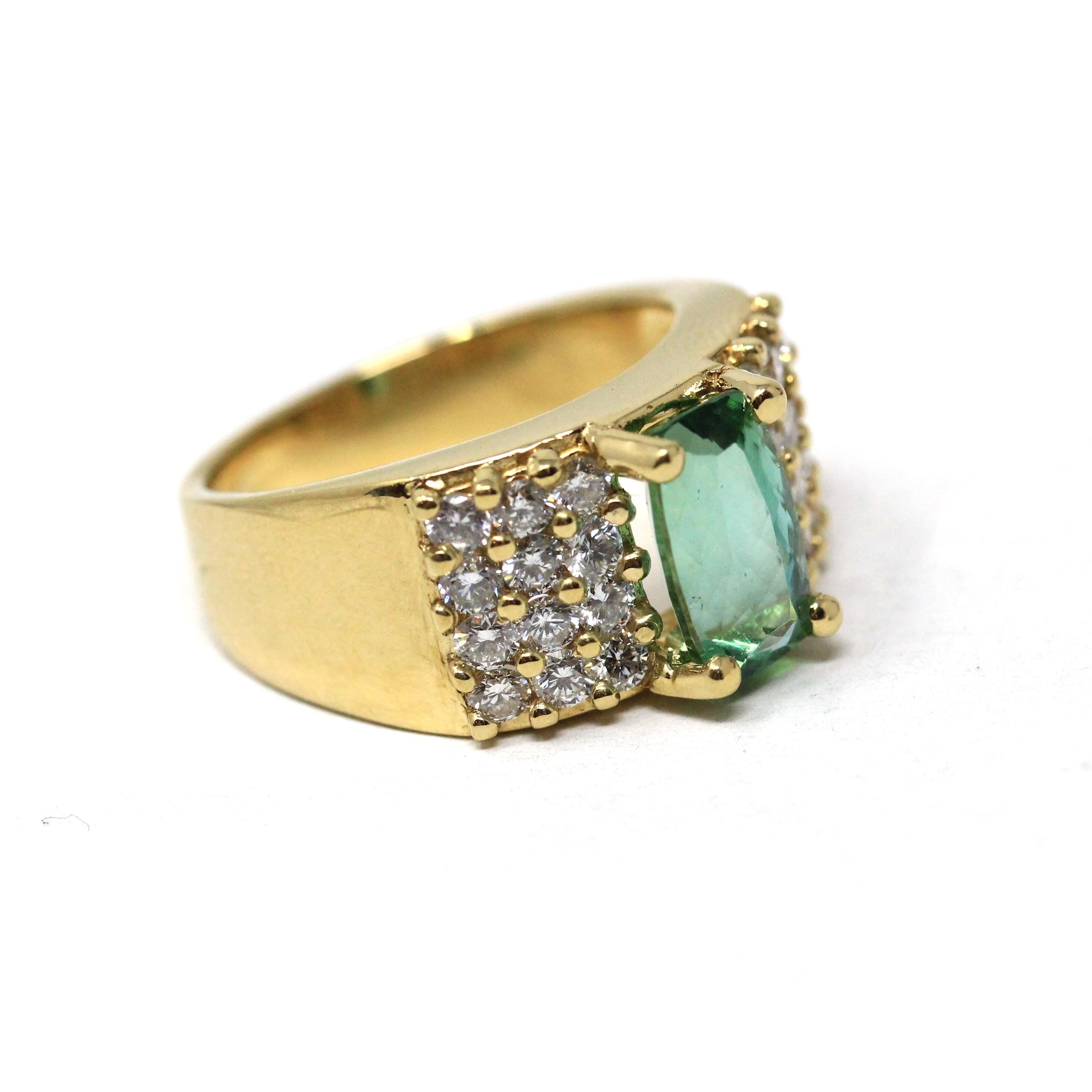Tourmaline & Diamond Ring - Modern Era 18k Yellow Gold Natural Green Gemstone Statement - Estate Size 7 Bold October Birthstone Fine Jewelry