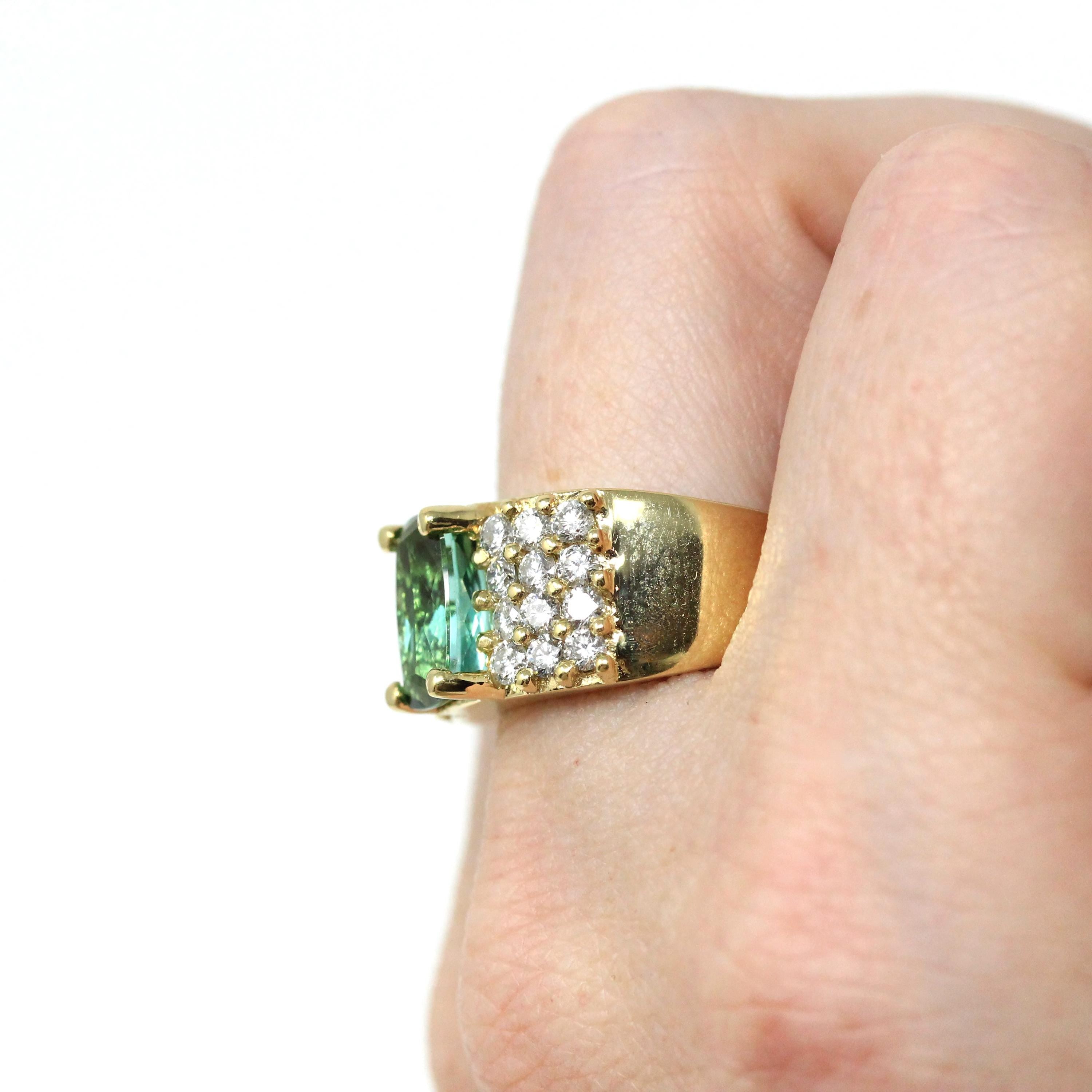 Tourmaline & Diamond Ring - Modern Era 18k Yellow Gold Natural Green Gemstone Statement - Estate Size 7 Bold October Birthstone Fine Jewelry