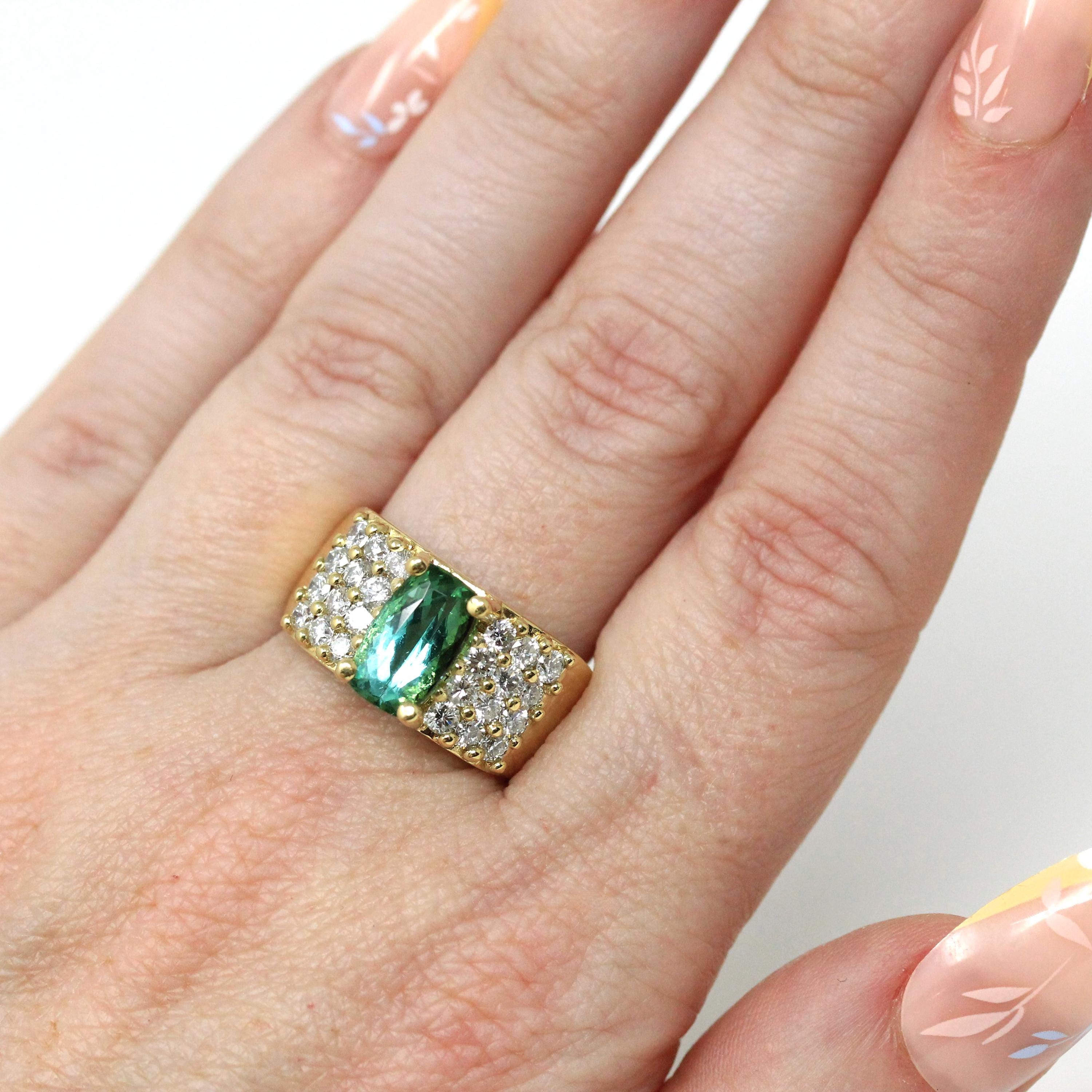 Tourmaline & Diamond Ring - Modern Era 18k Yellow Gold Natural Green Gemstone Statement - Estate Size 7 Bold October Birthstone Fine Jewelry