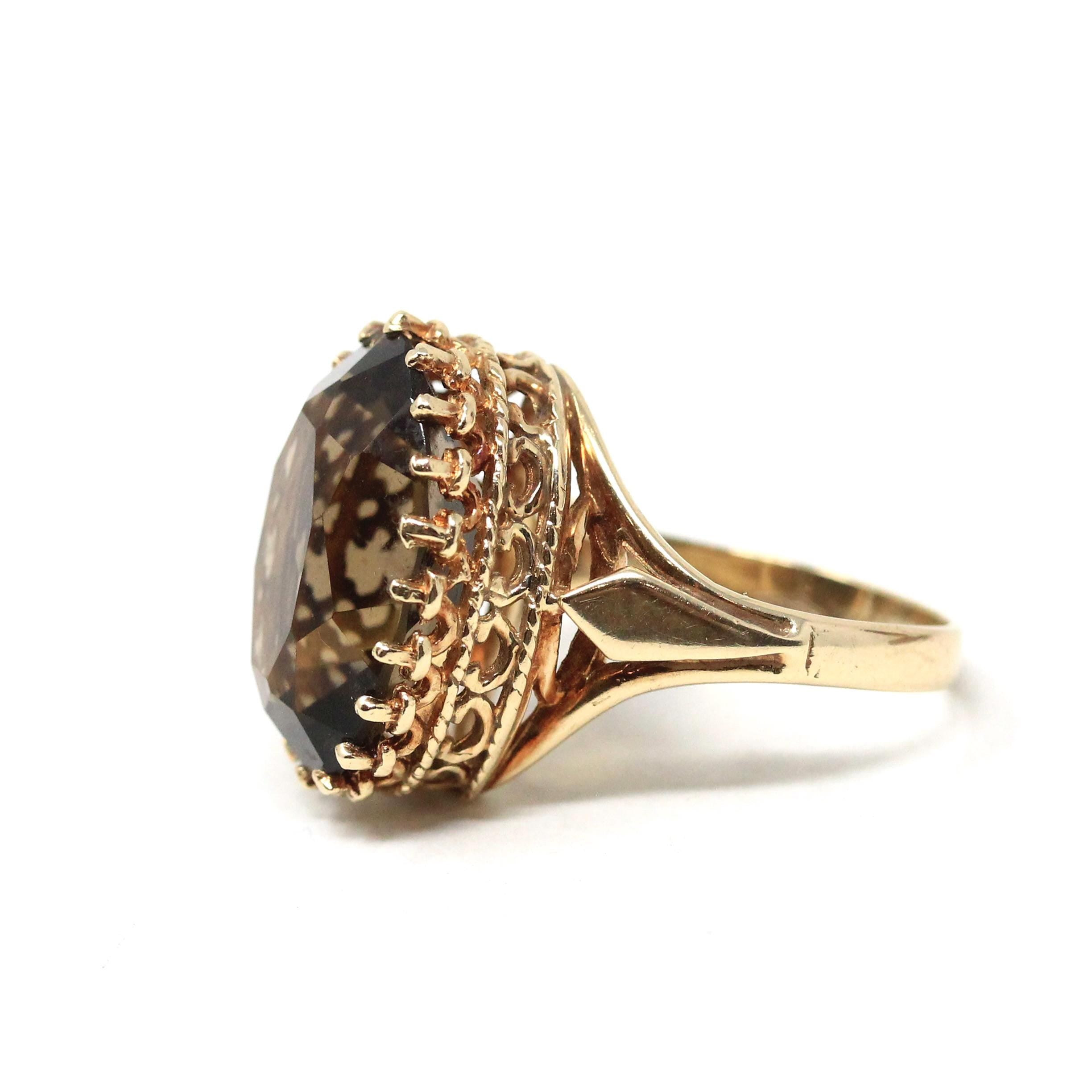 Smoky Quartz Ring - Retro 14k Yellow Gold Oval Faceted 12.15 CT Brown Gray Gemstone - Vintage Circa 1970s Era Size 7 Statement Fine Jewelry