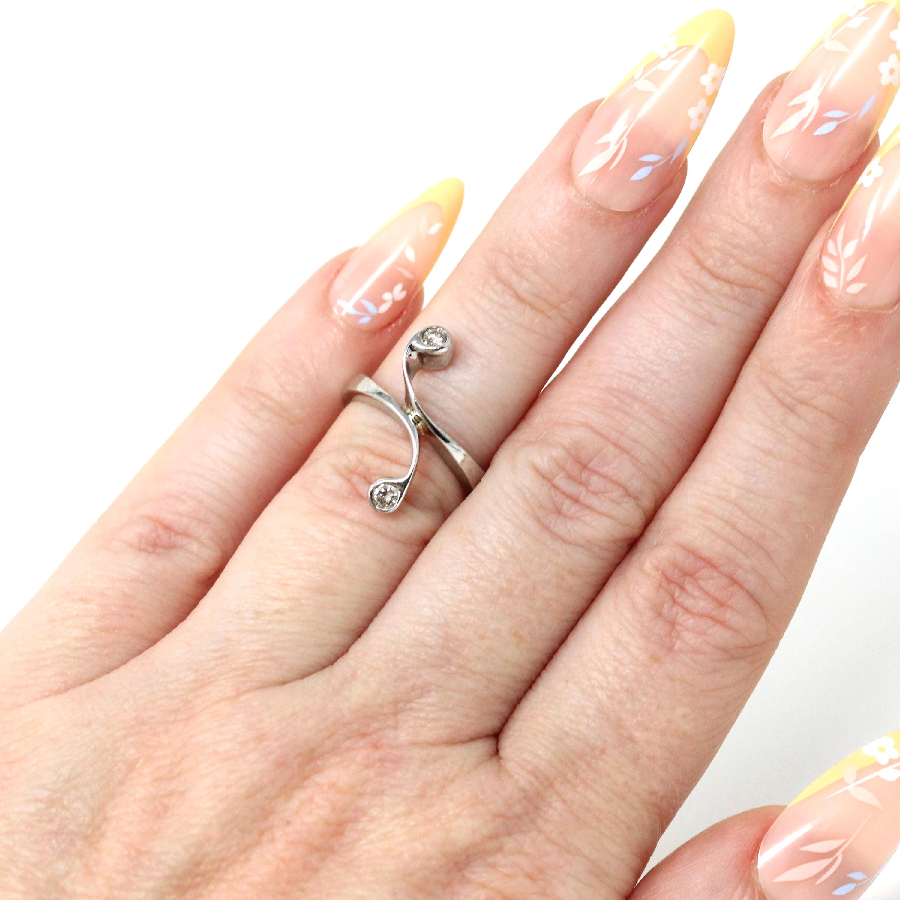 Diamond Bypass Ring - Estate 14k White Gold .12 CTW Bypass Band - Modern 2000s Size 3 1/2 Swoop Swirl April Birthstone Freeform Fine Jewelry
