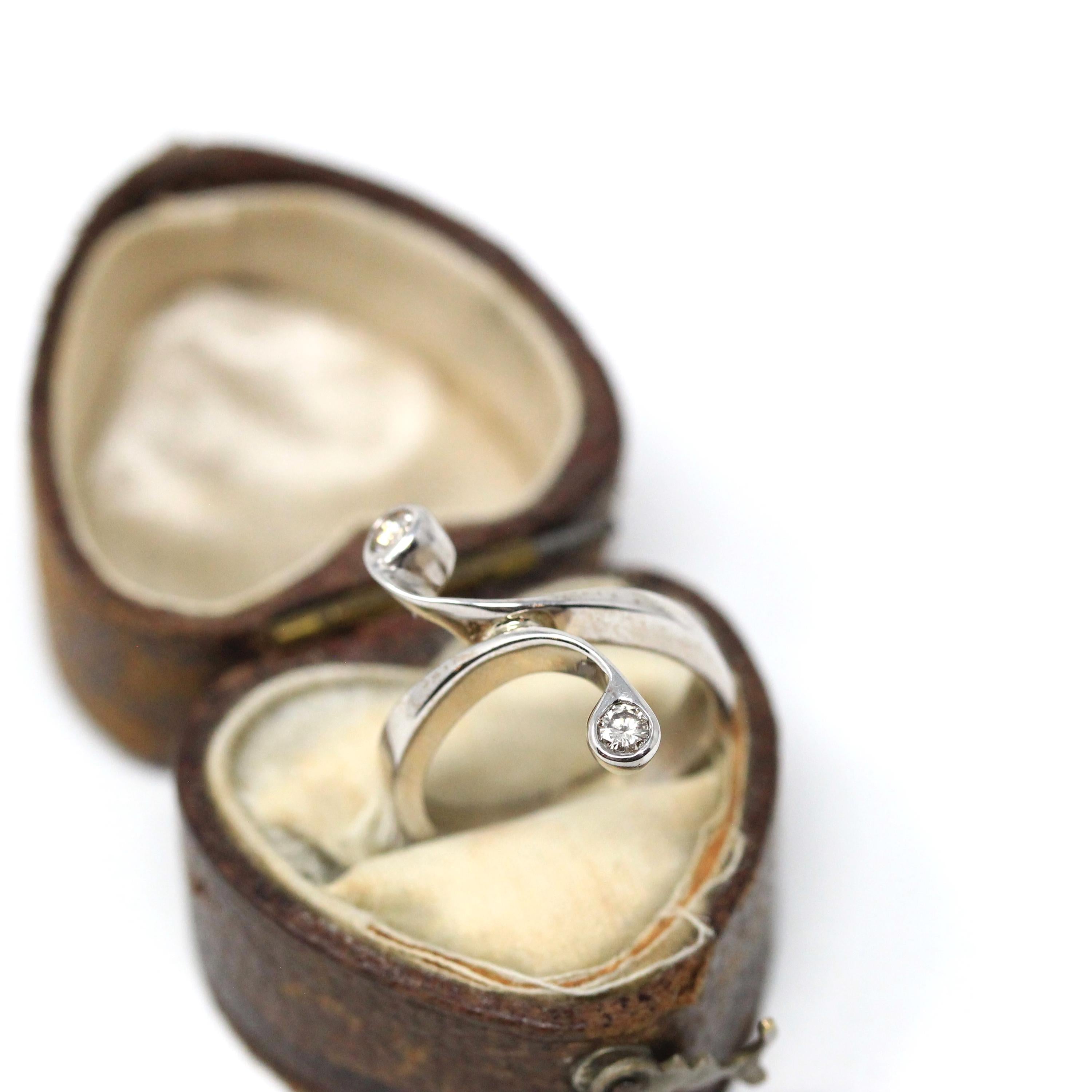 Diamond Bypass Ring - Estate 14k White Gold .12 CTW Bypass Band - Modern 2000s Size 3 1/2 Swoop Swirl April Birthstone Freeform Fine Jewelry