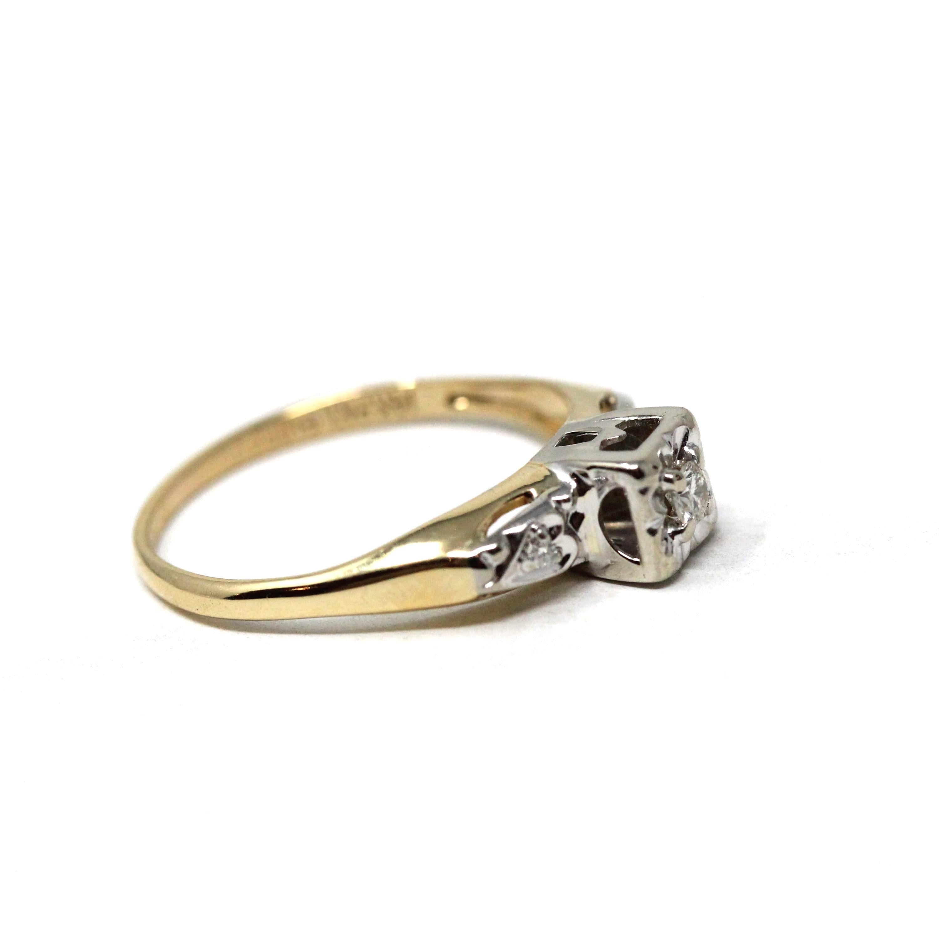 Vintage Diamond Ring - Mid Century 14k Yellow & White Gold .07 CTW Natural Solitaire Engagement - Circa 50s Size 6.75 Illusion Fine Jewelry