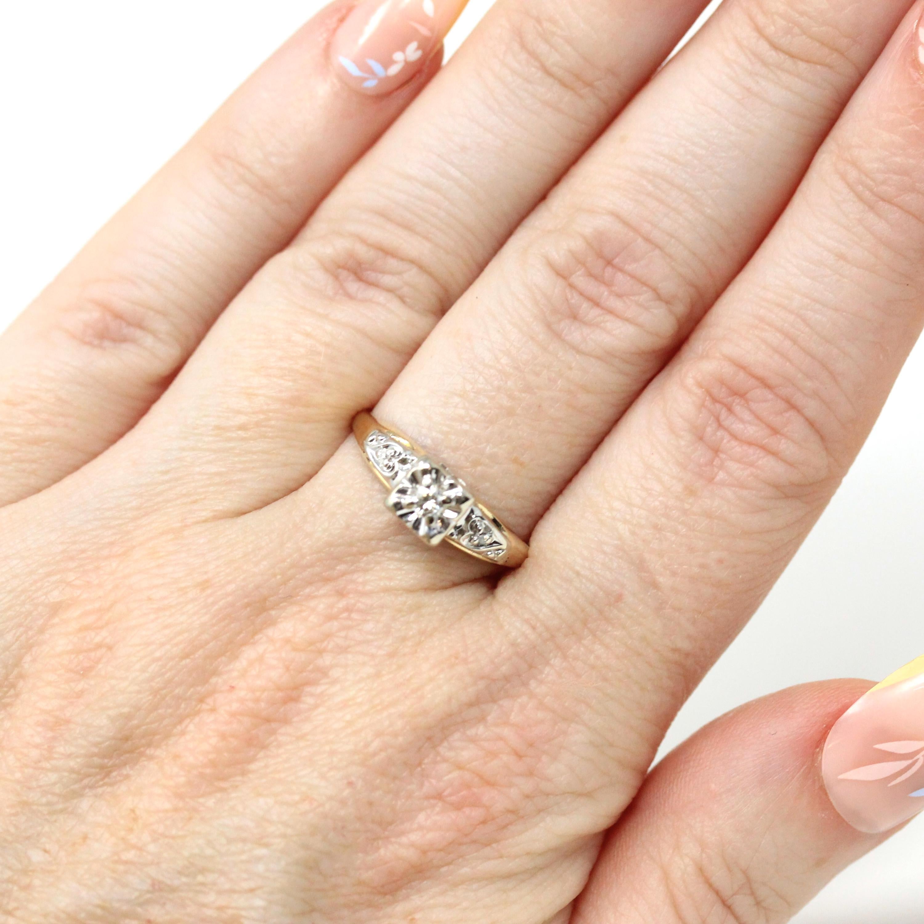 Vintage Diamond Ring - Mid Century 14k Yellow & White Gold .07 CTW Natural Solitaire Engagement - Circa 50s Size 6.75 Illusion Fine Jewelry