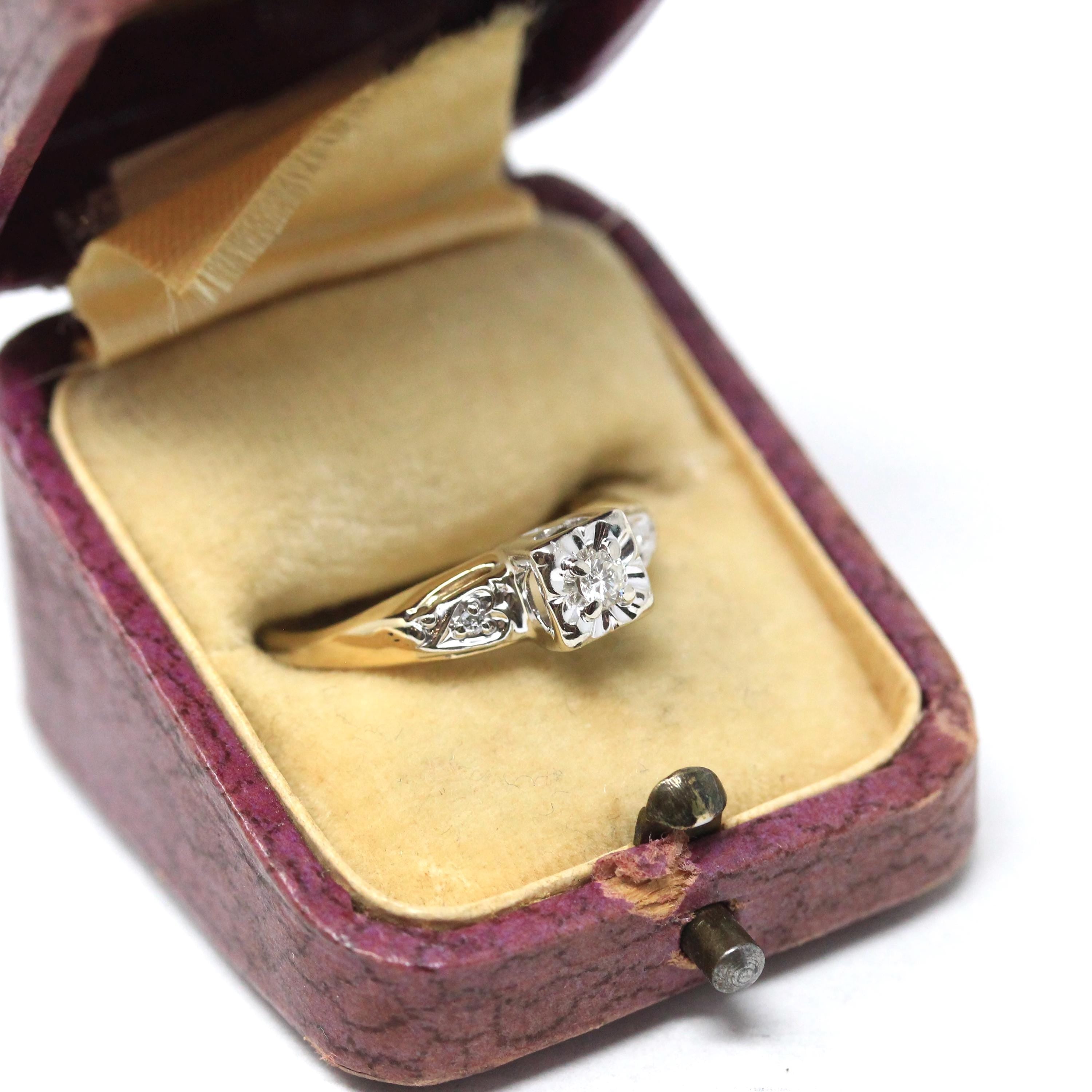 Vintage Diamond Ring - Mid Century 14k Yellow & White Gold .07 CTW Natural Solitaire Engagement - Circa 50s Size 6.75 Illusion Fine Jewelry