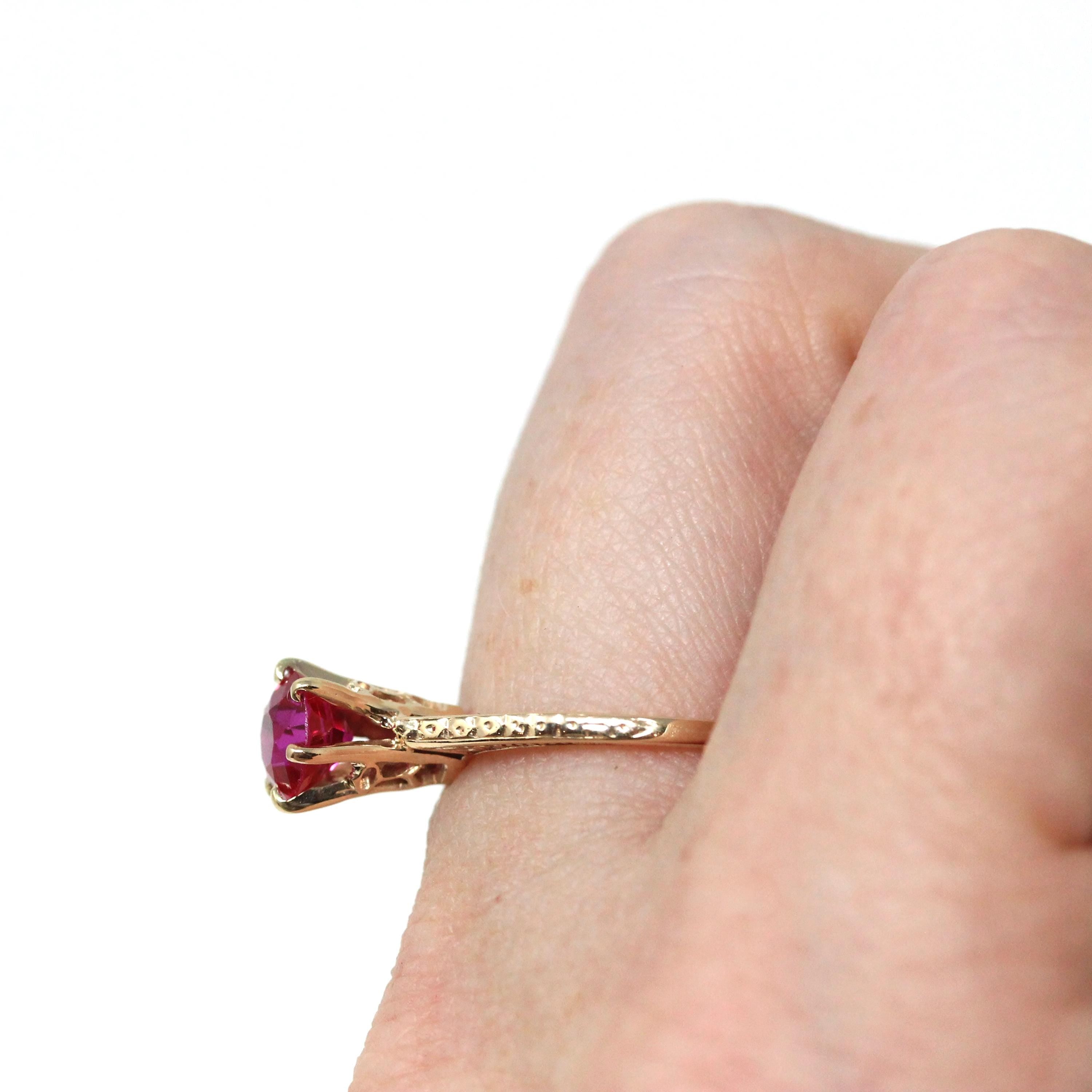 Vintage Solitaire Ring - Art Deco 10k Yellow Gold Created Pink Red Ruby - Circa 1930s Era Size 5 1/2 July Birthstone Fine Engraved Jewelry