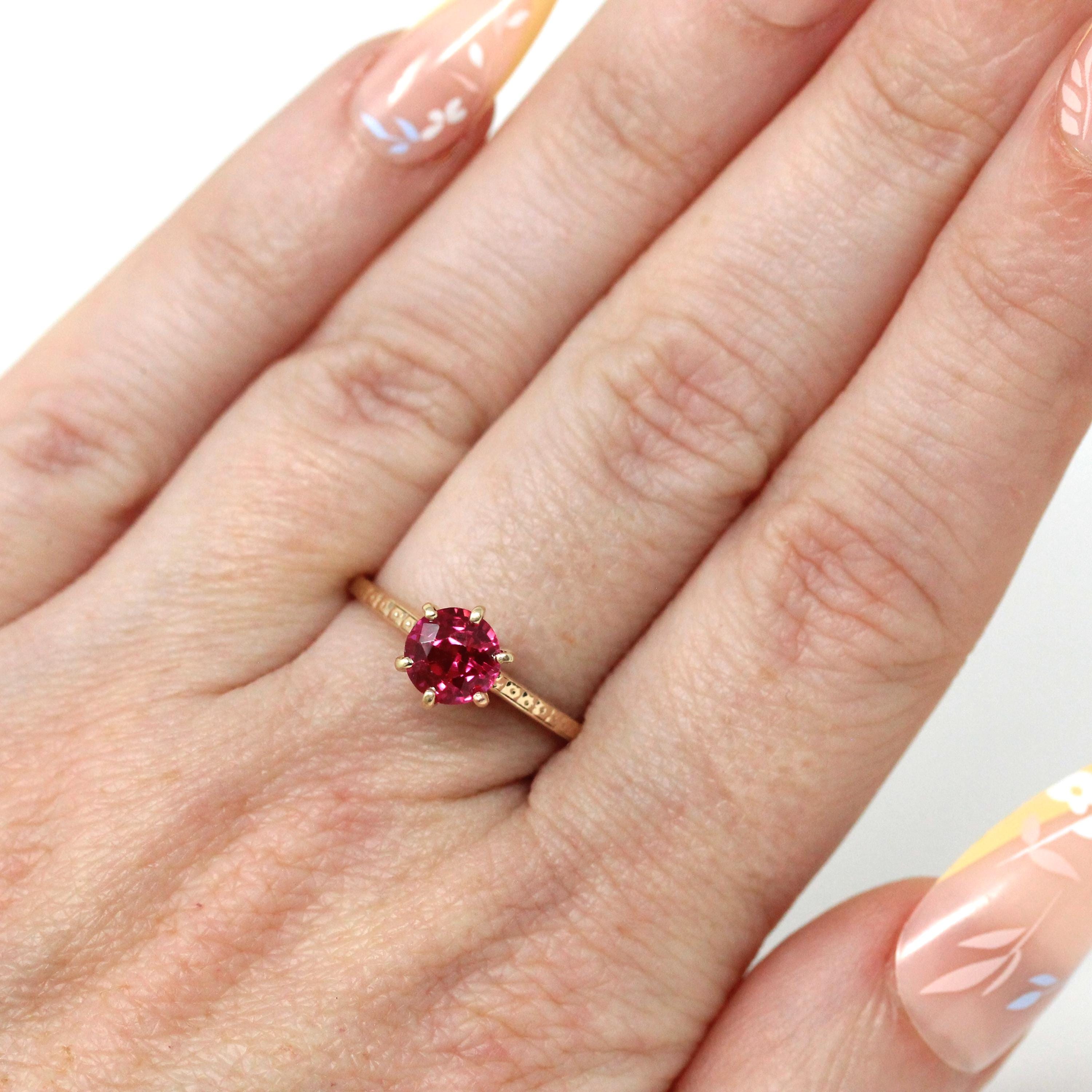 Vintage Solitaire Ring - Art Deco 10k Yellow Gold Created Pink Red Ruby - Circa 1930s Era Size 5 1/2 July Birthstone Fine Engraved Jewelry