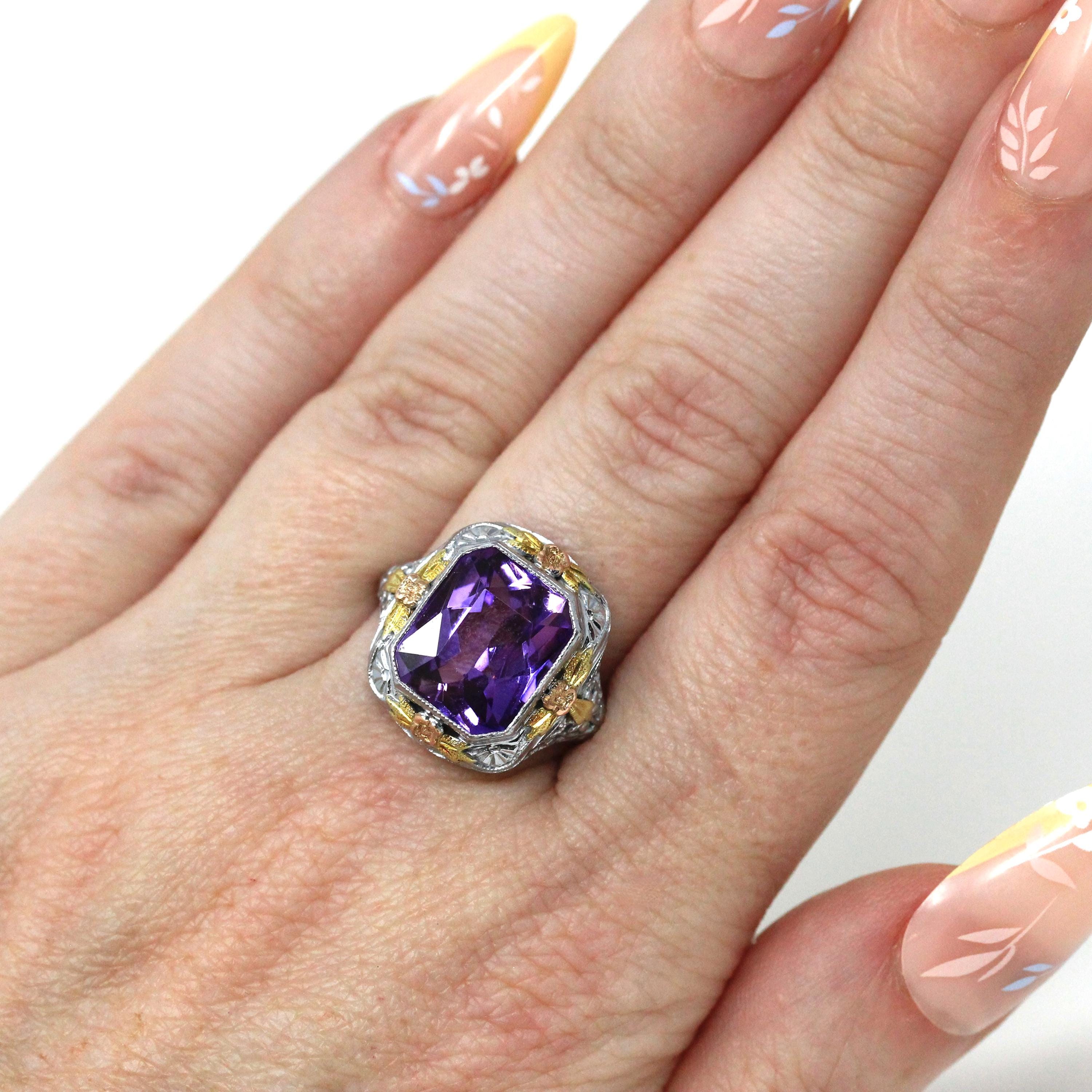 Art Deco Filigree Ring - Vintage 10k White Gold Created Color Change Purple Pink Sapphire - Circa 1930s Size 7 3/4 Tri Color Fine Jewelry