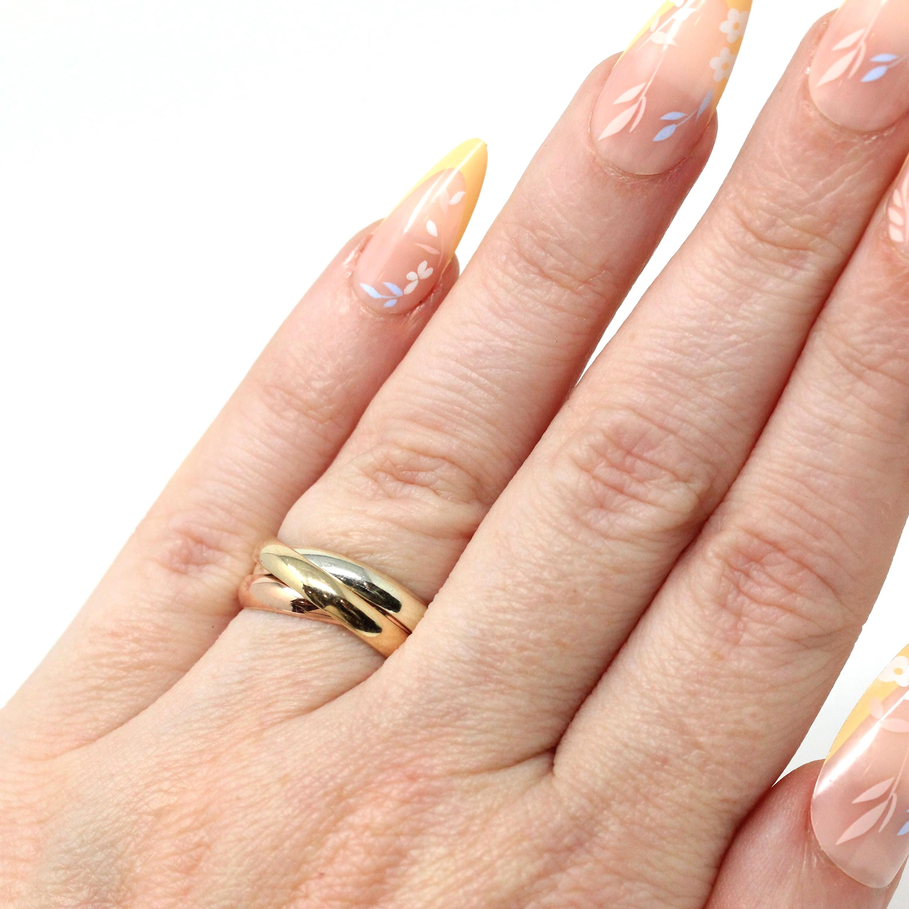 Rolling Trinity Ring - Vintage 9k Yellow Rose & White Gold Three Interlocking Bands - Modern Estate 1988 Size 3 1/4 Multi Tone Fine Jewelry